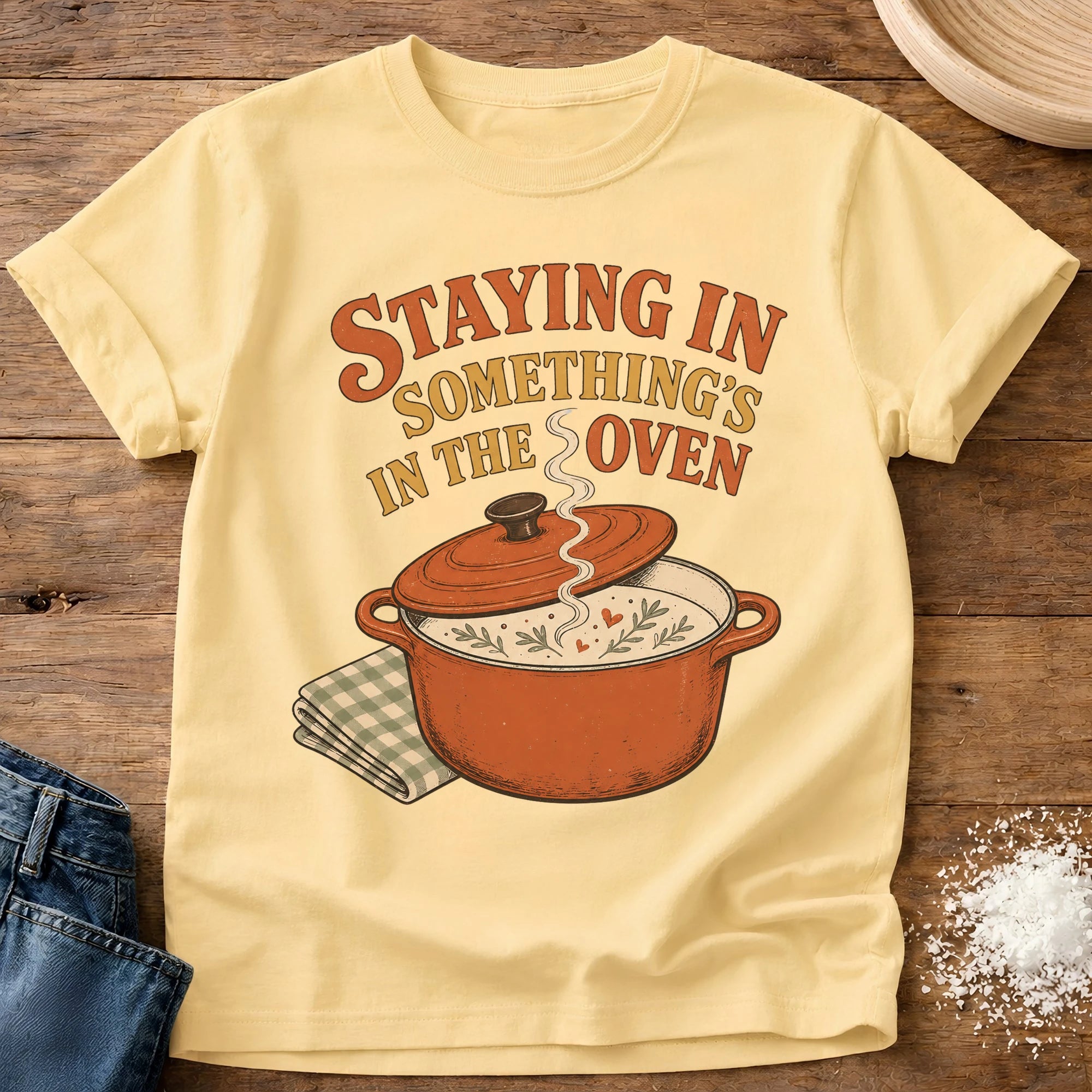 Knead More Fun Something's In The Oven kitchen t-shirt in Butter