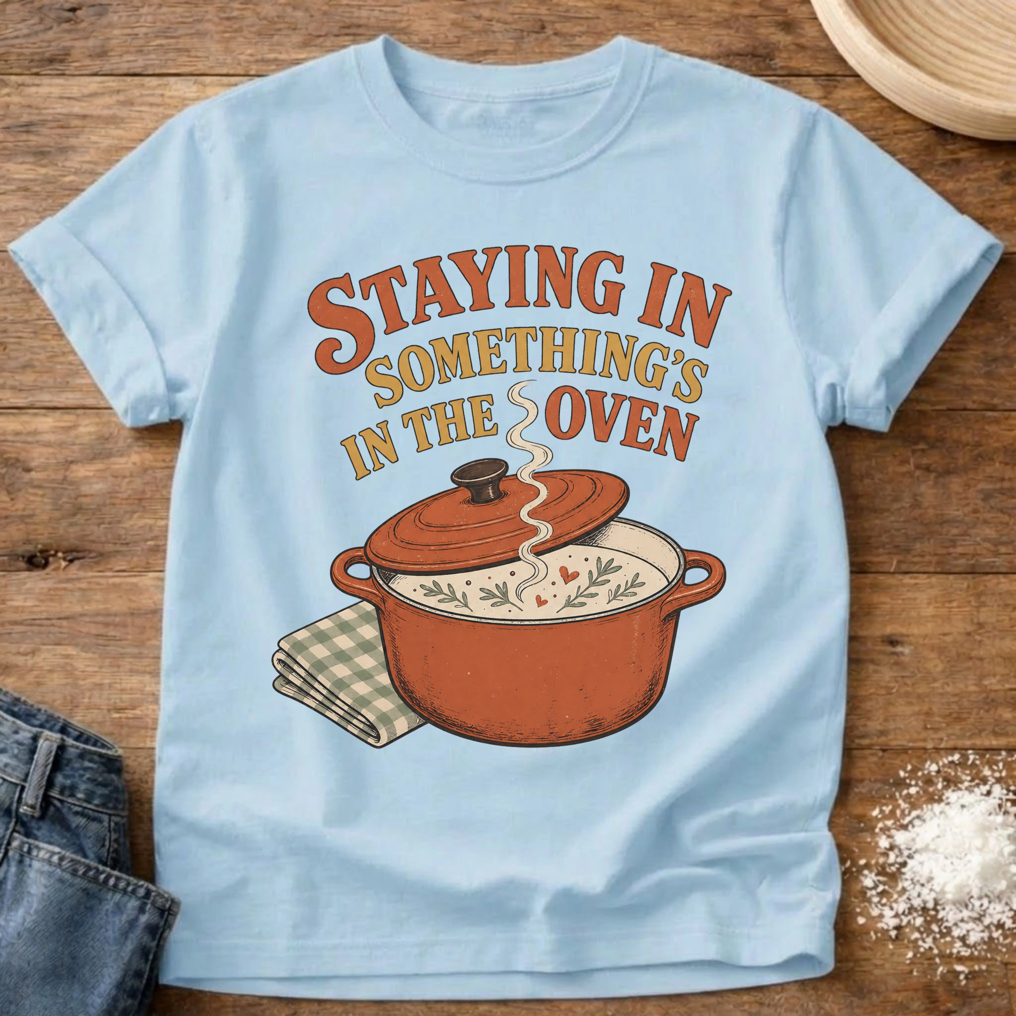 Knead More Fun Something's In The Oven kitchen t-shirt in Chambray