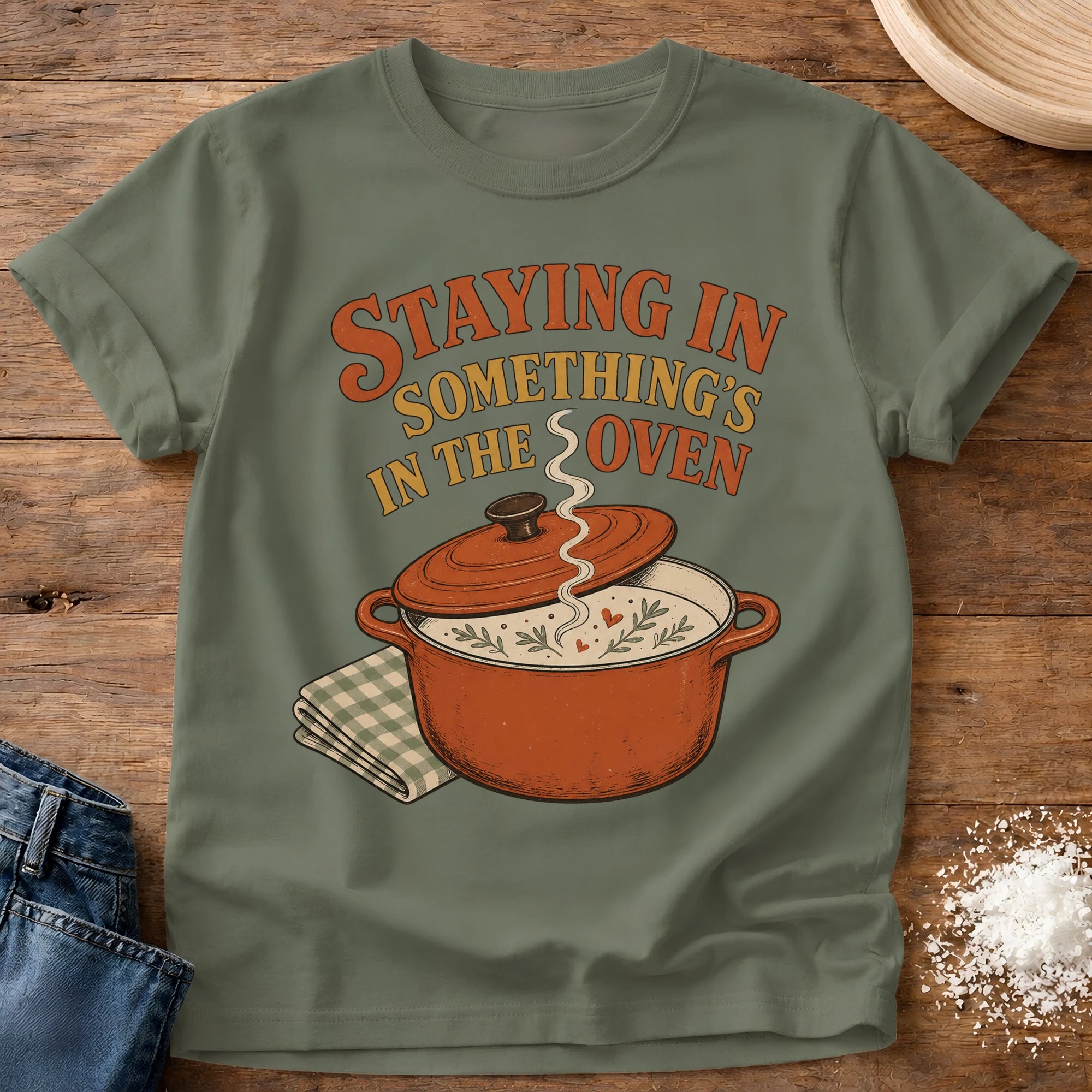 Knead More Fun Something's In The Oven kitchen t-shirt in Moss