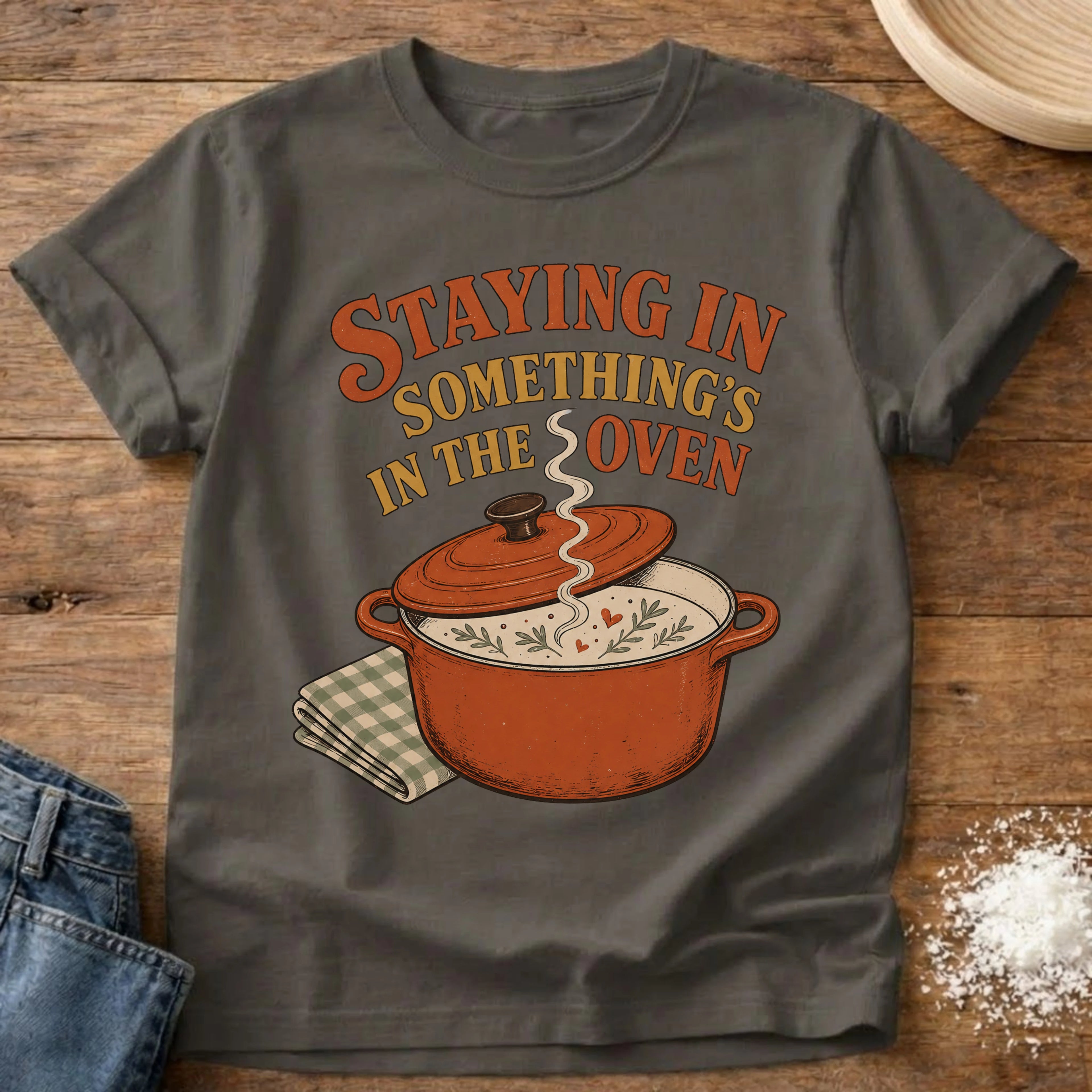 Knead More Fun Something's In The Oven kitchen t-shirt in Pepper