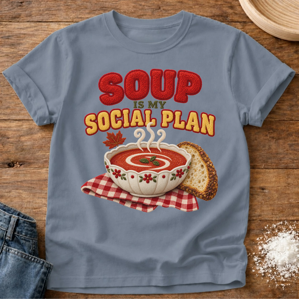 Knead More Fun Soup Social Plans t-shirt in Blue Jean