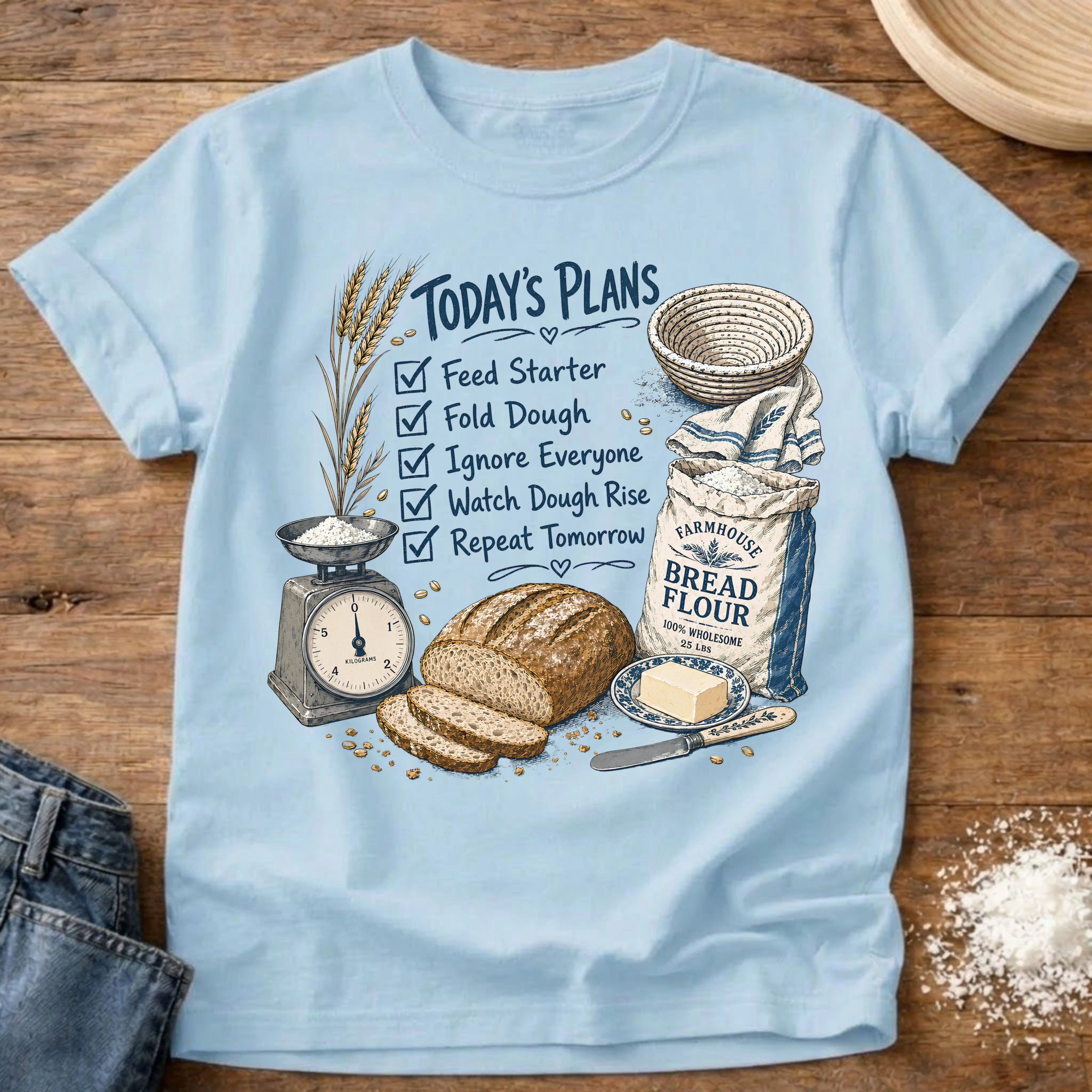 Knead More Fun Sourdough Baker's Plans sourdough t-shirt in Chambray