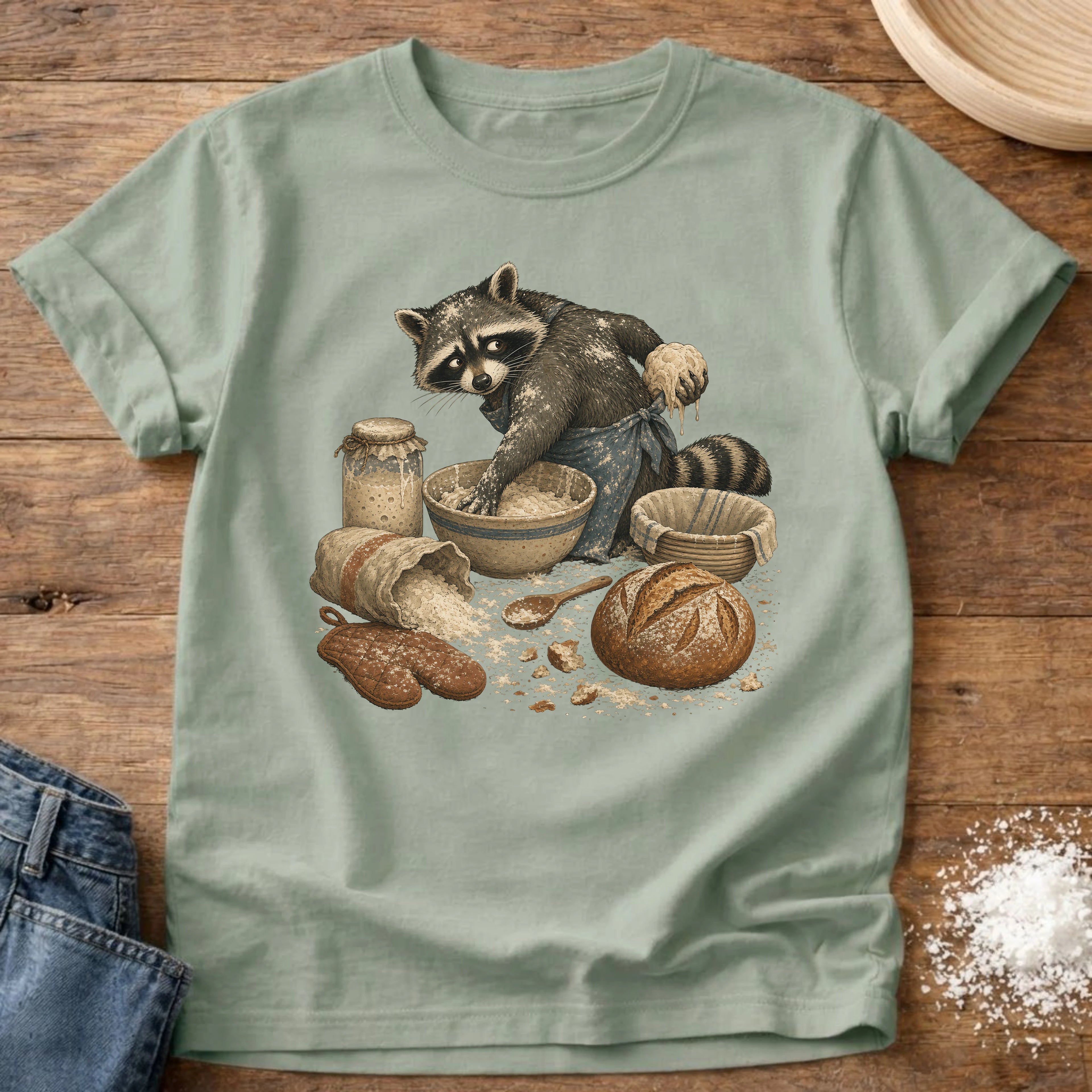 Knead More Fun Sourdough Baking Raccoon t-shirt in Bay