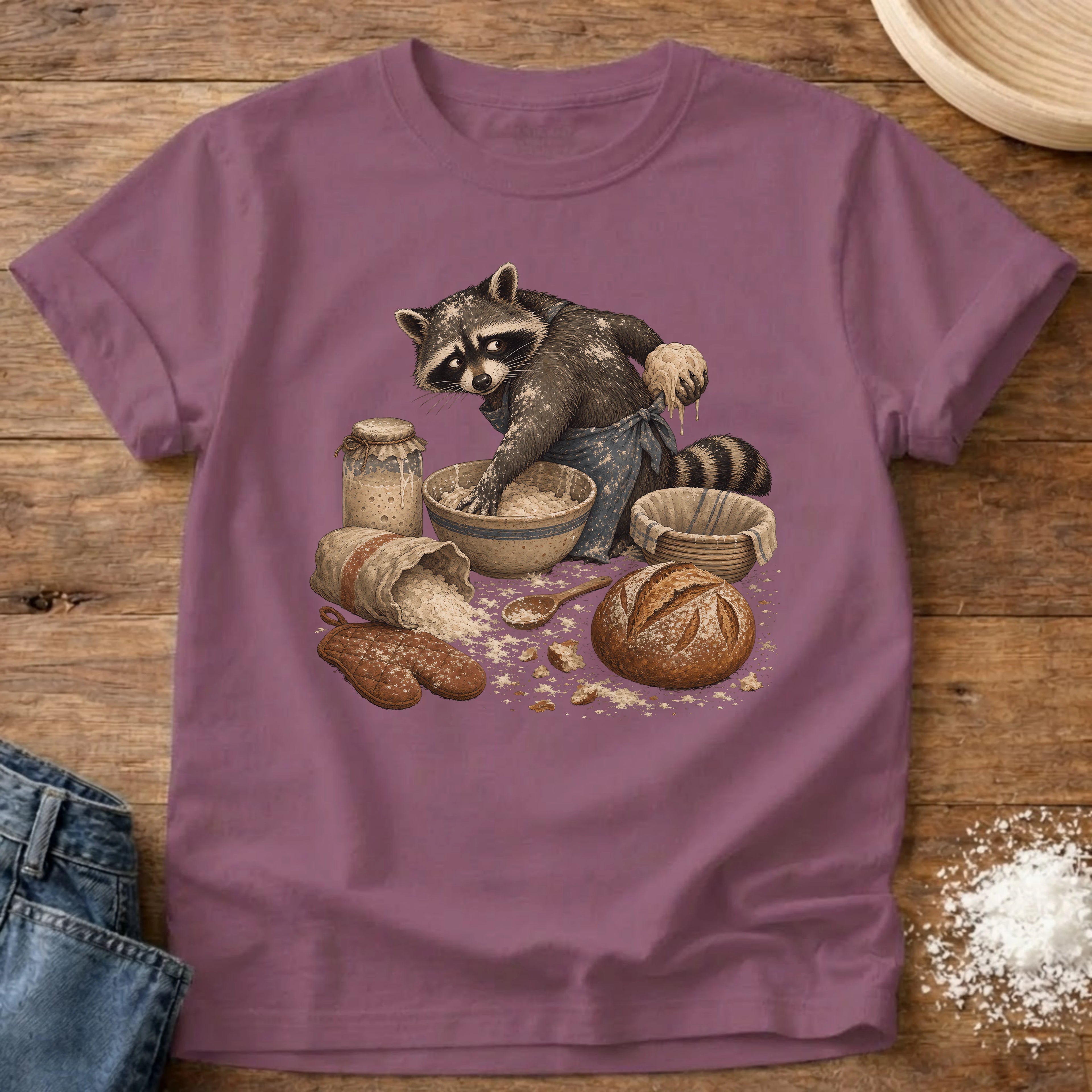 Knead More Fun Sourdough Baking Raccoon t-shirt in Berry