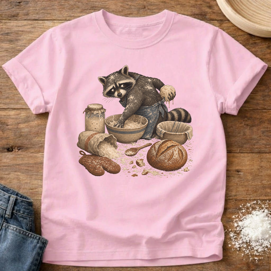 Knead More Fun Sourdough Baking Raccoon t-shirt in Blossom