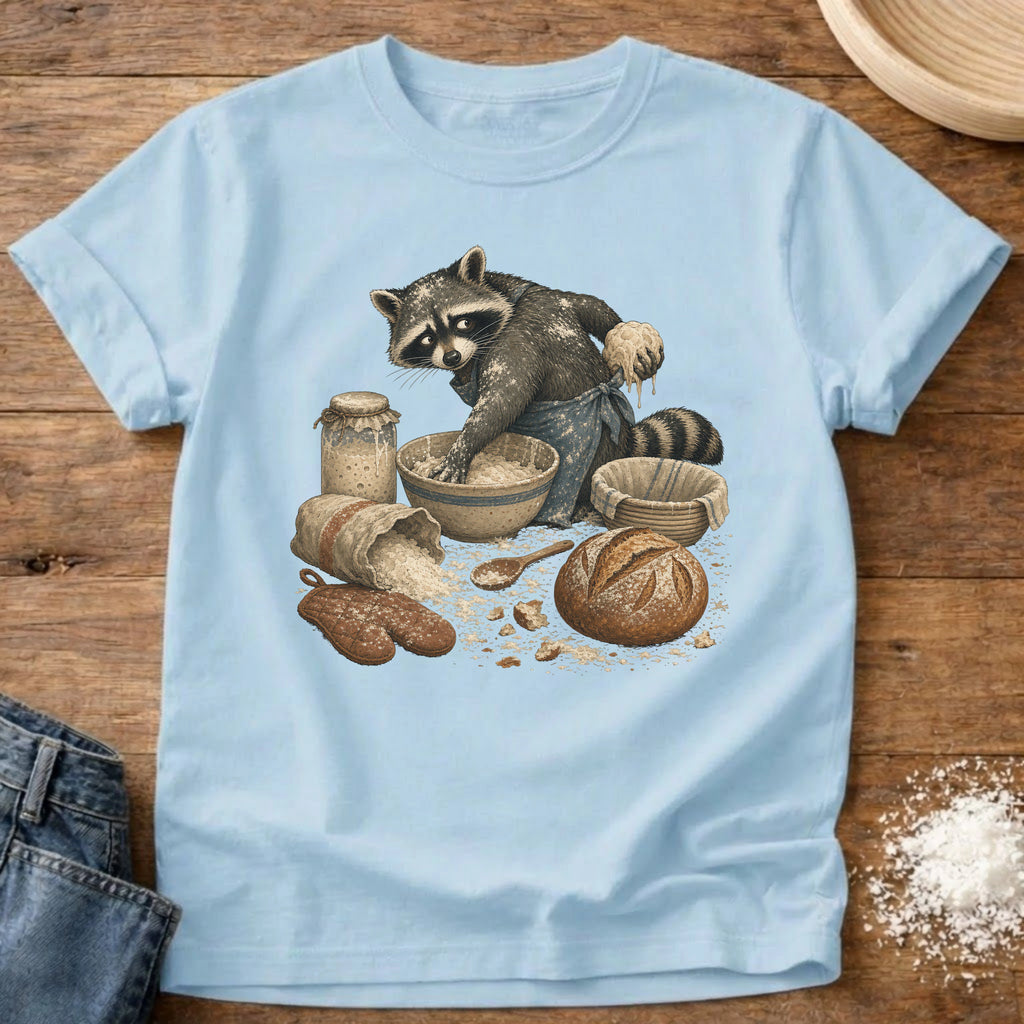 Knead More Fun Sourdough Baking Raccoon t-shirt in Chambray