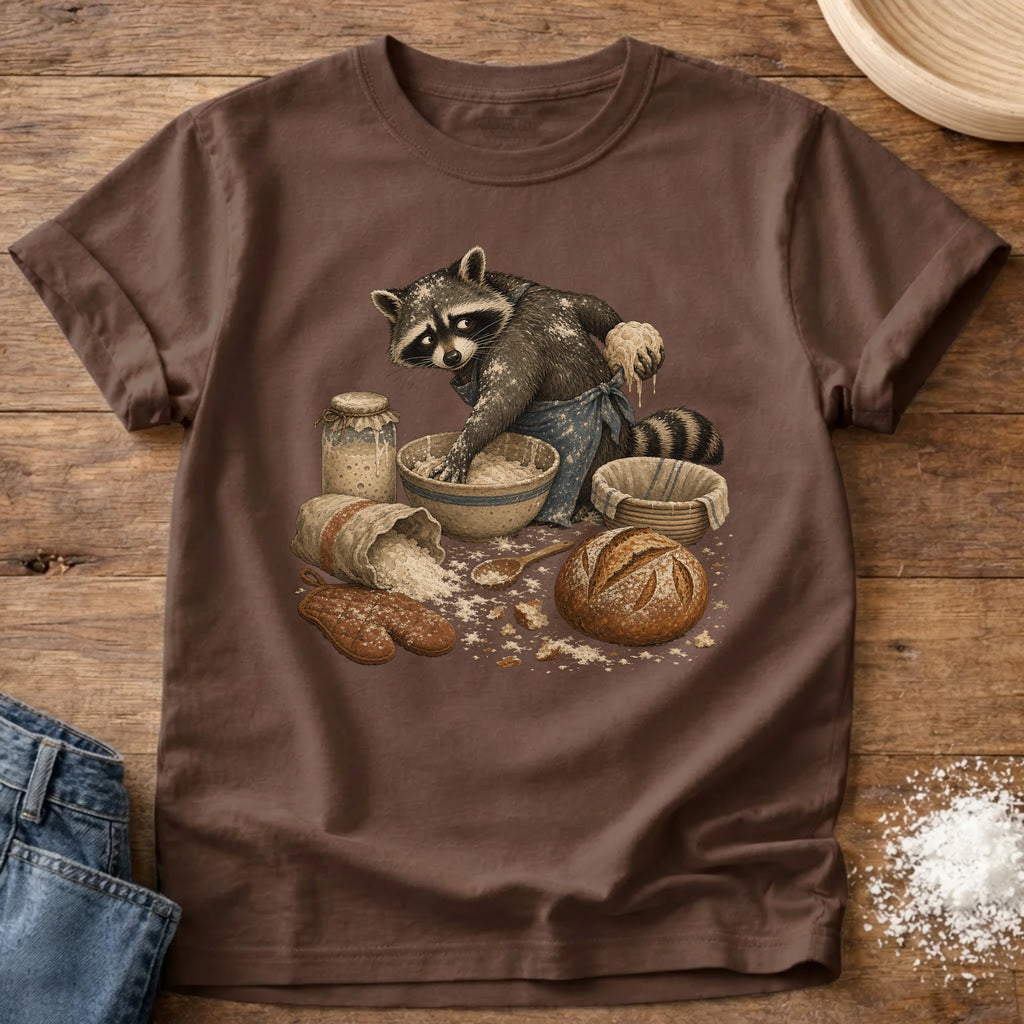 Knead More Fun Sourdough Baking Raccoon t-shirt in Espresso