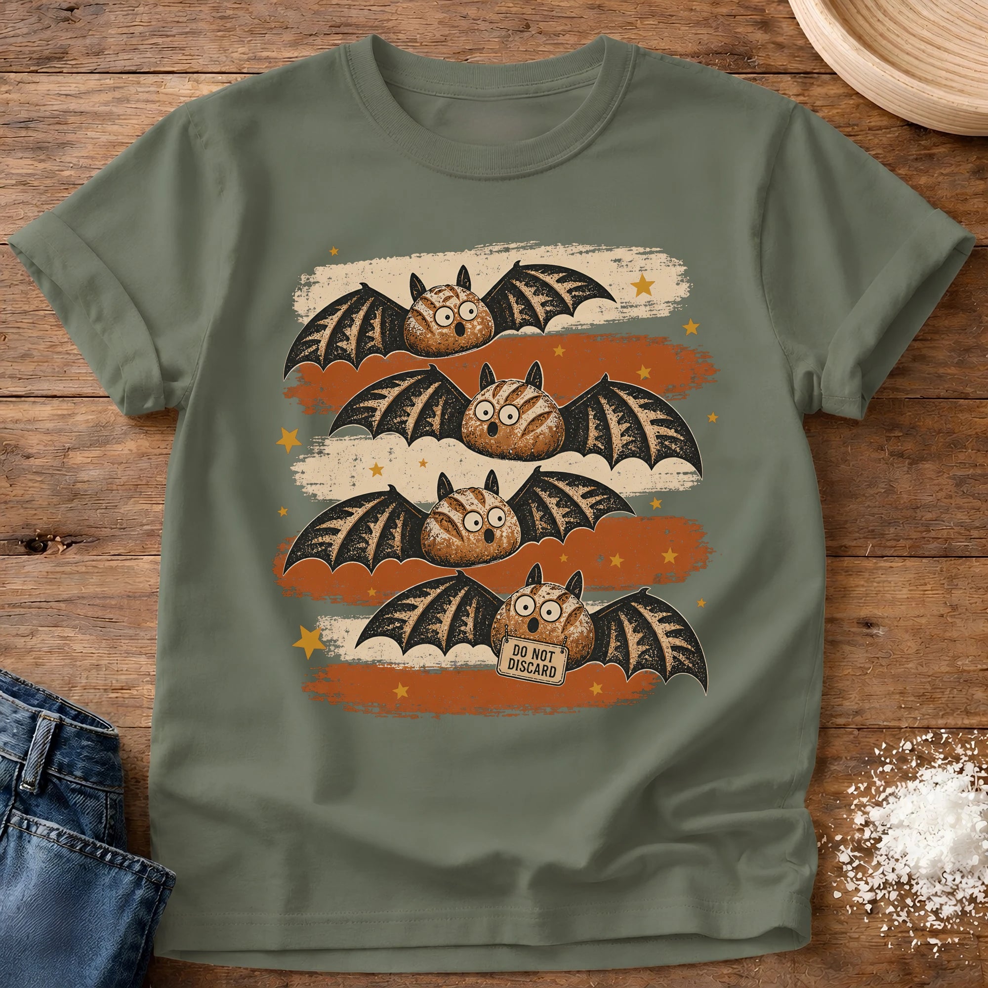 Knead More Fun Sourdough Bats sourdough t-shirt in Moss