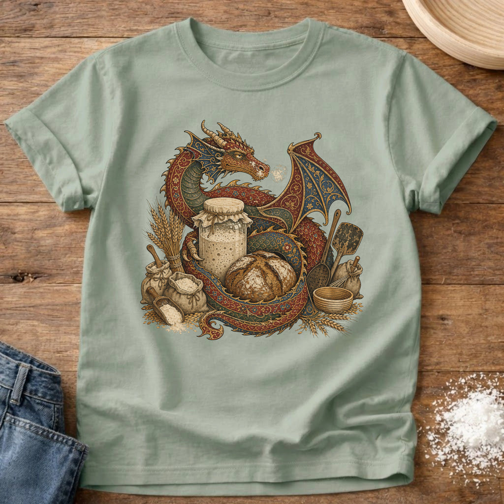 Knead More Fun Sourdough Dragon's Treasure fantasy t-shirt in Bay