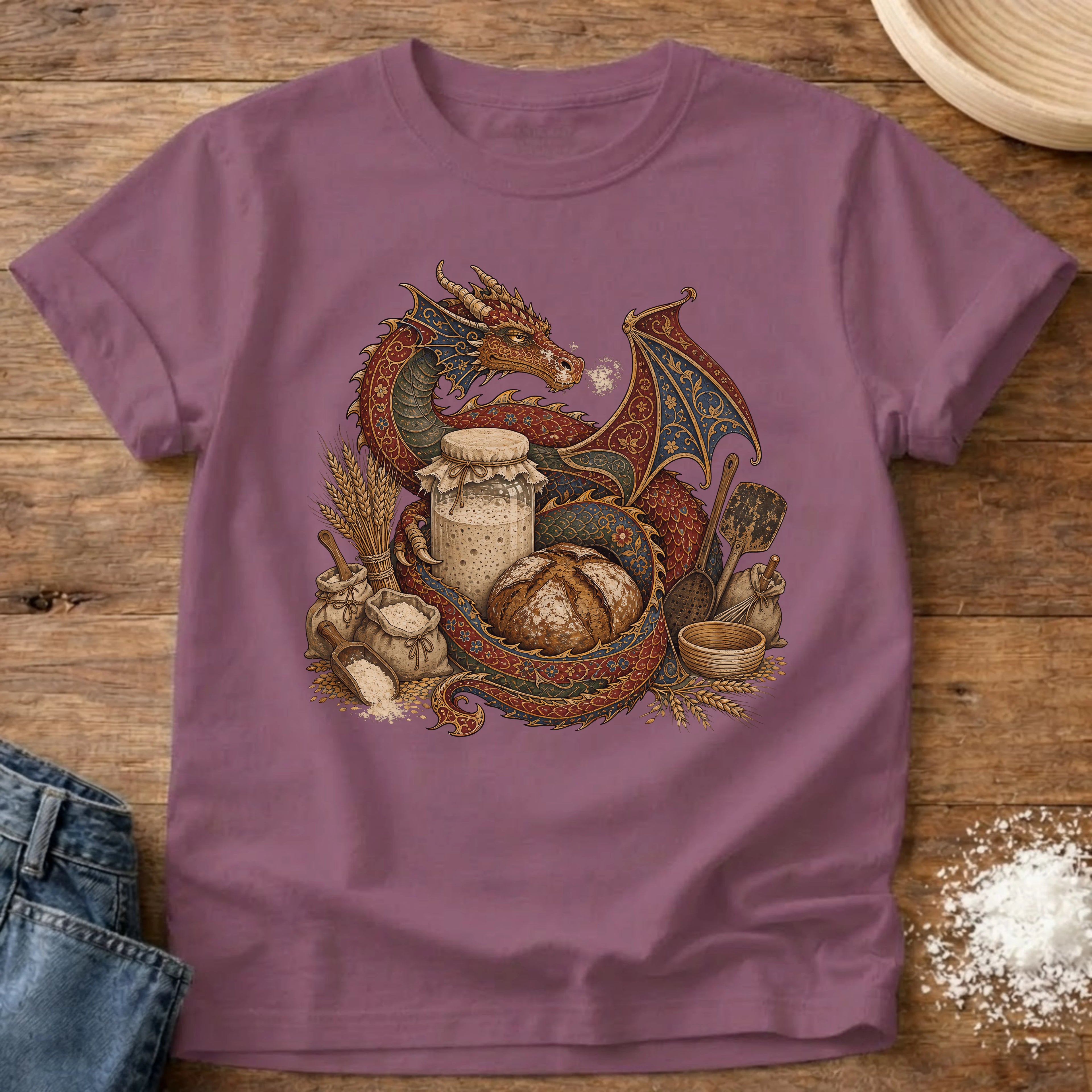 Knead More Fun Sourdough Dragon's Treasure fantasy t-shirt in Berry