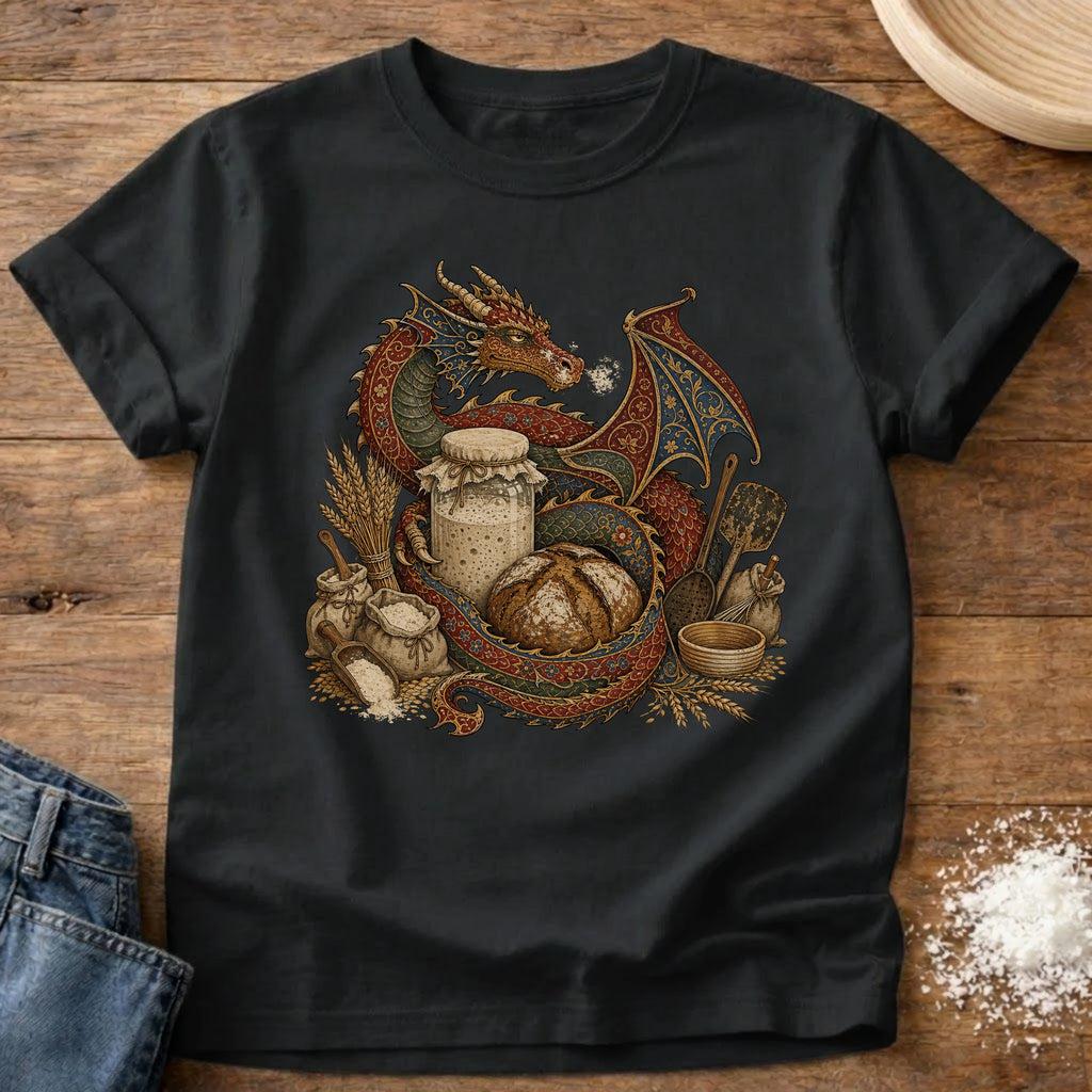 Knead More Fun Sourdough Dragon's Treasure fantasy t-shirt in Black