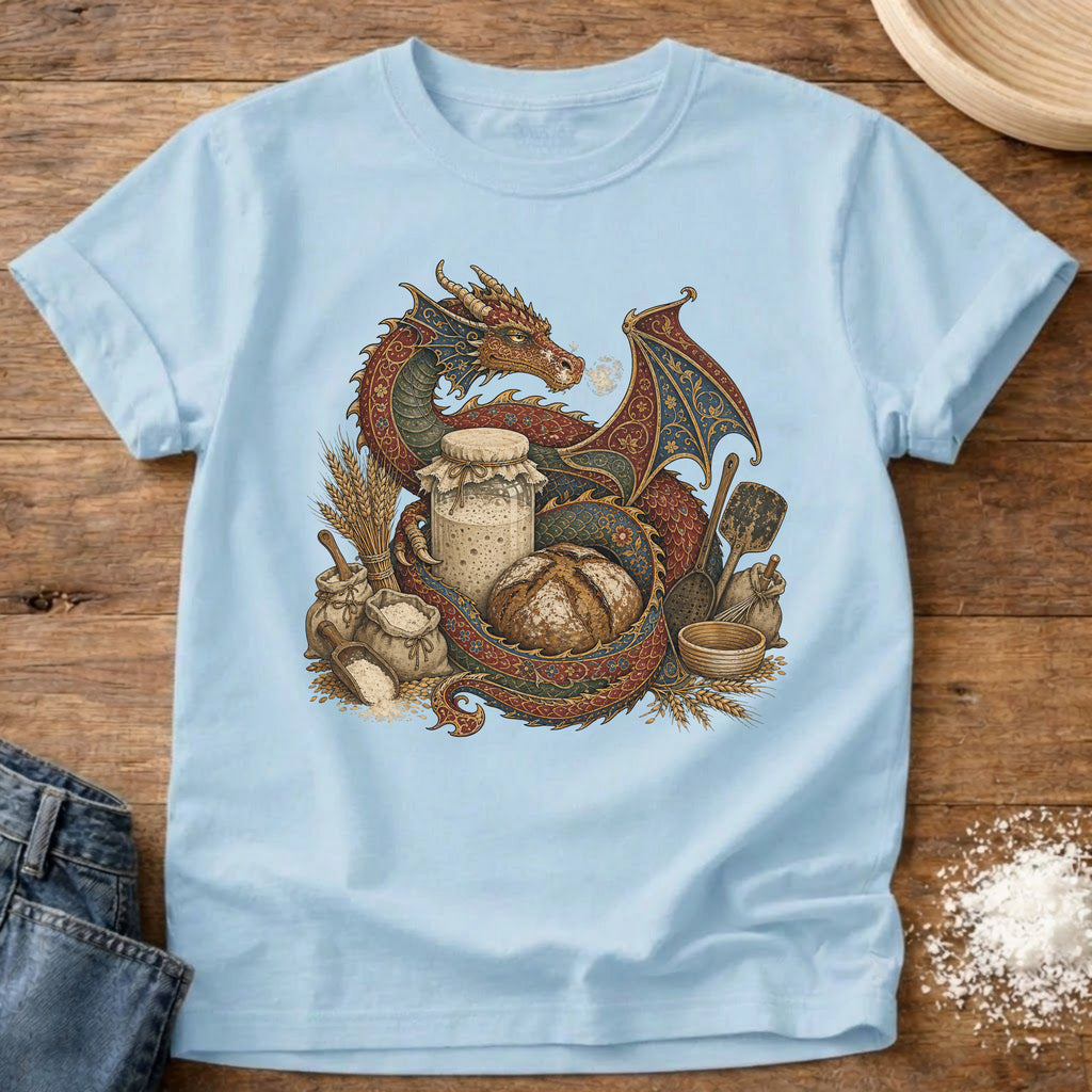 Knead More Fun Sourdough Dragon's Treasure fantasy t-shirt in Chambray