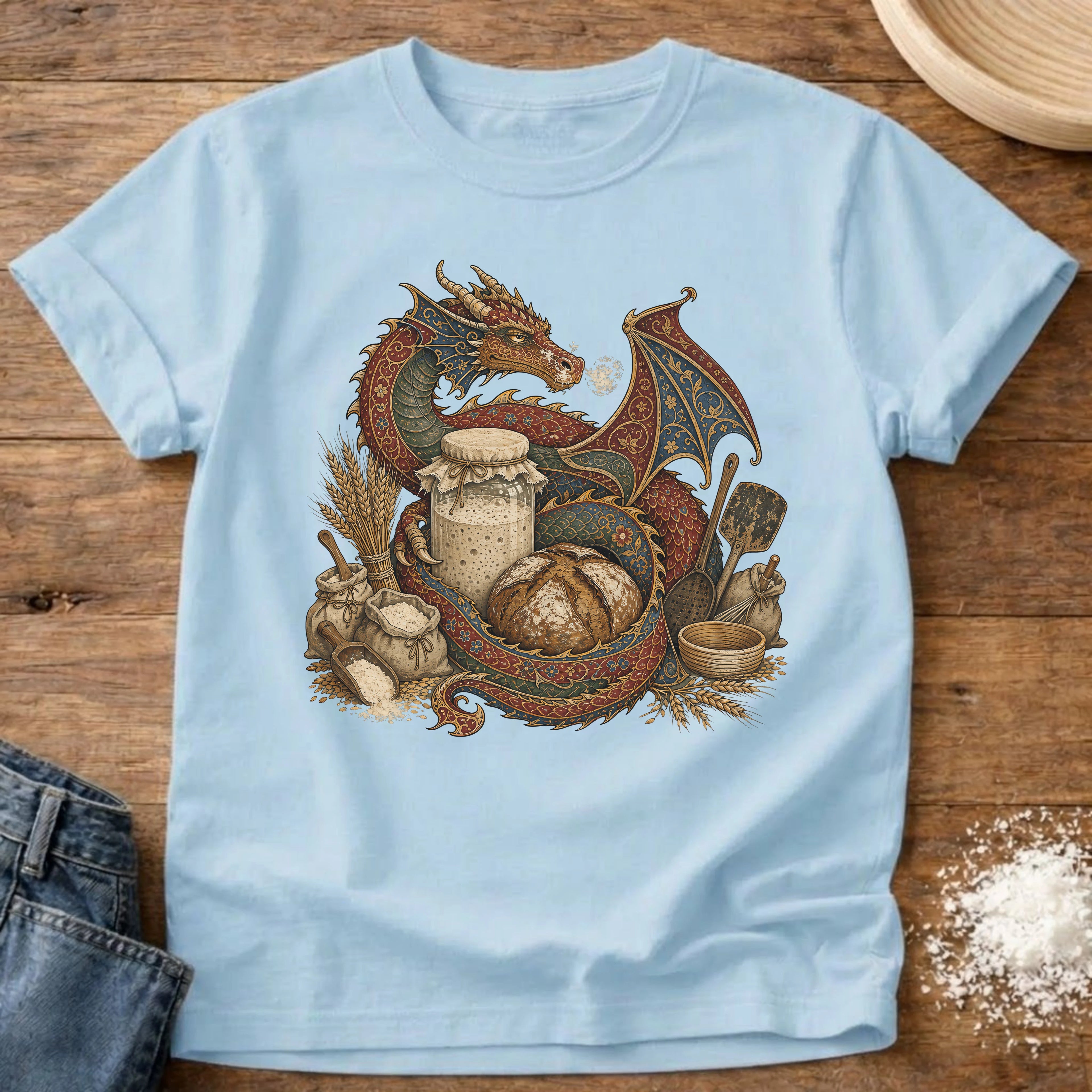 Knead More Fun Sourdough Dragon's Treasure fantasy t-shirt in Chambray