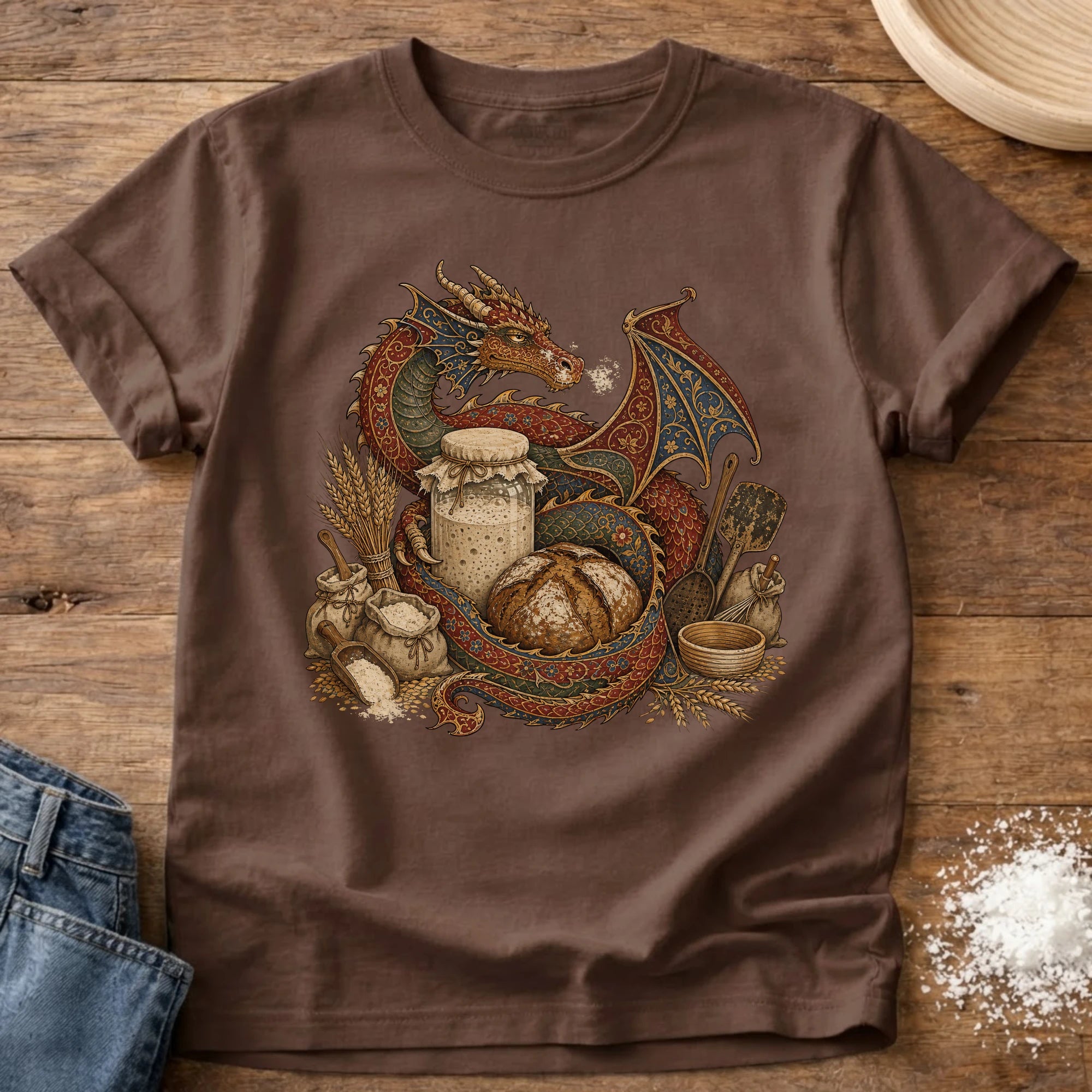 Knead More Fun Sourdough Dragon's Treasure fantasy t-shirt in Espresso