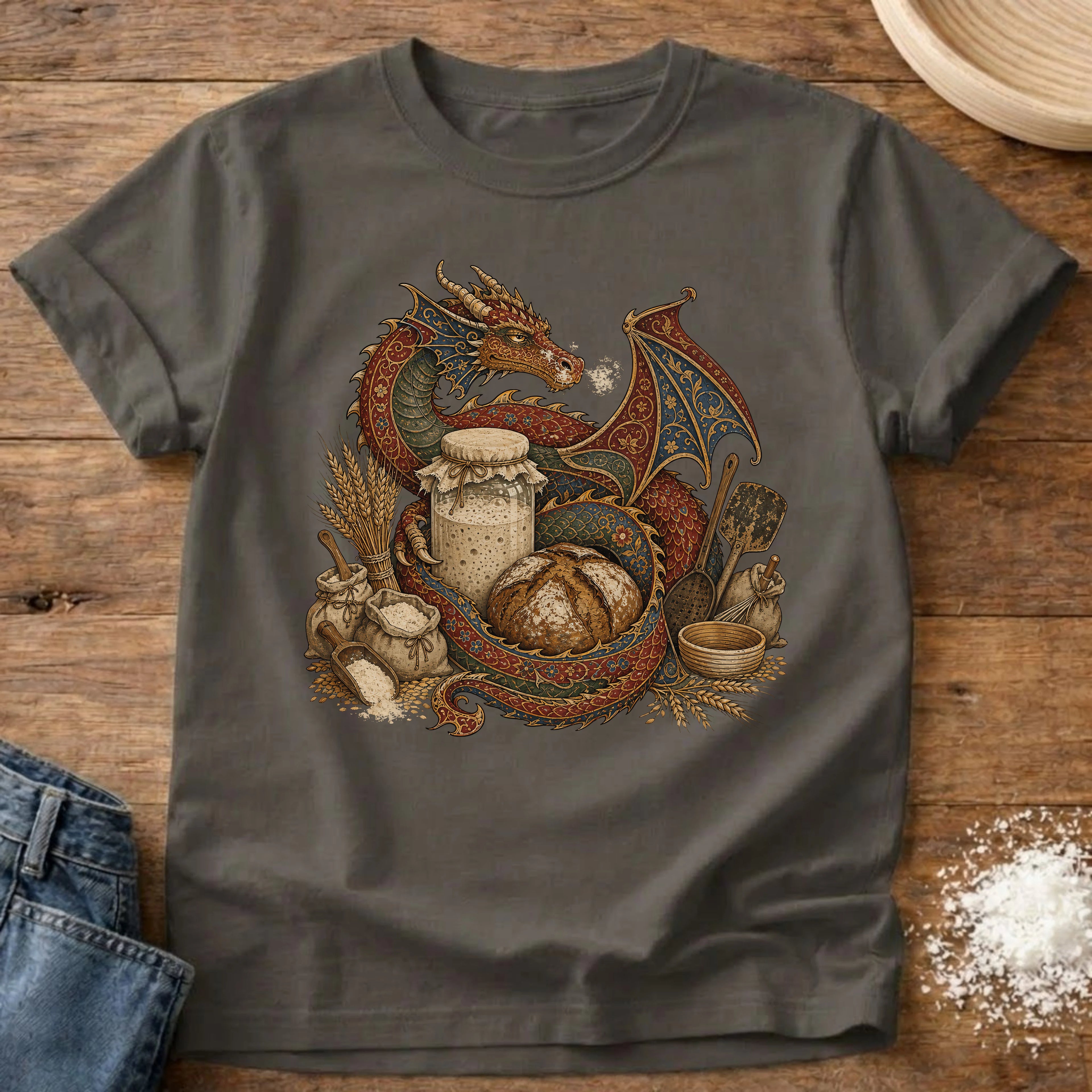 Knead More Fun Sourdough Dragon's Treasure fantasy t-shirt in Pepper