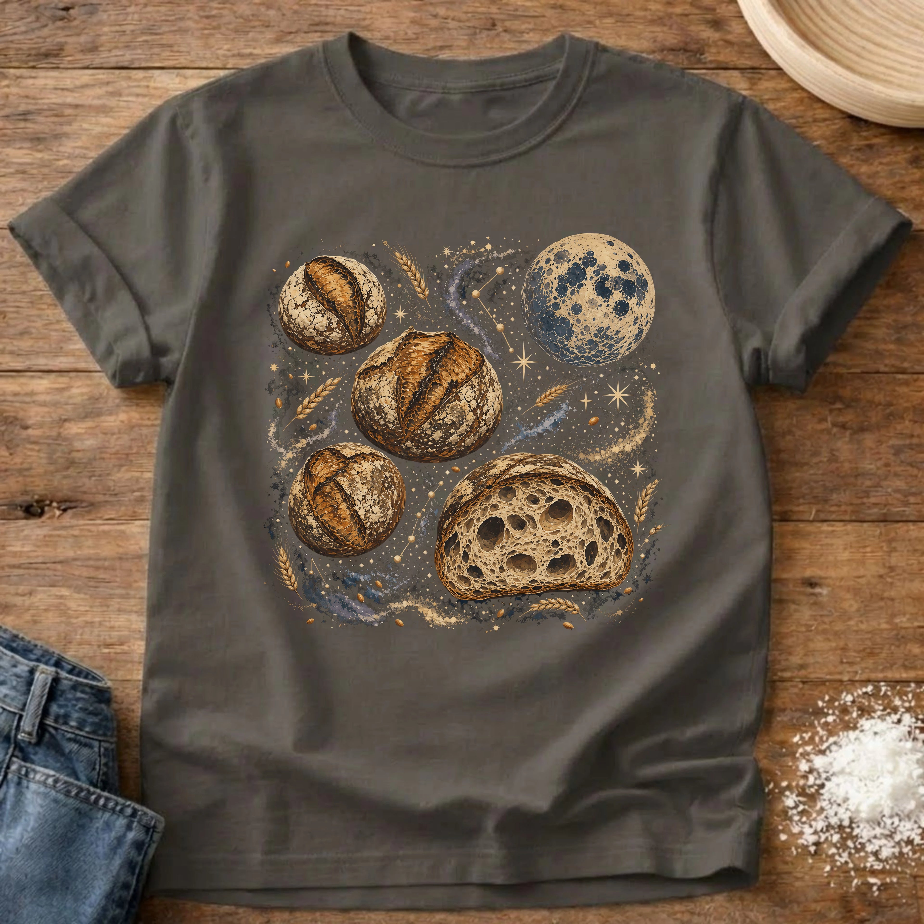 Knead More Fun Sourdough Galaxy celestial t-shirt in Pepper
