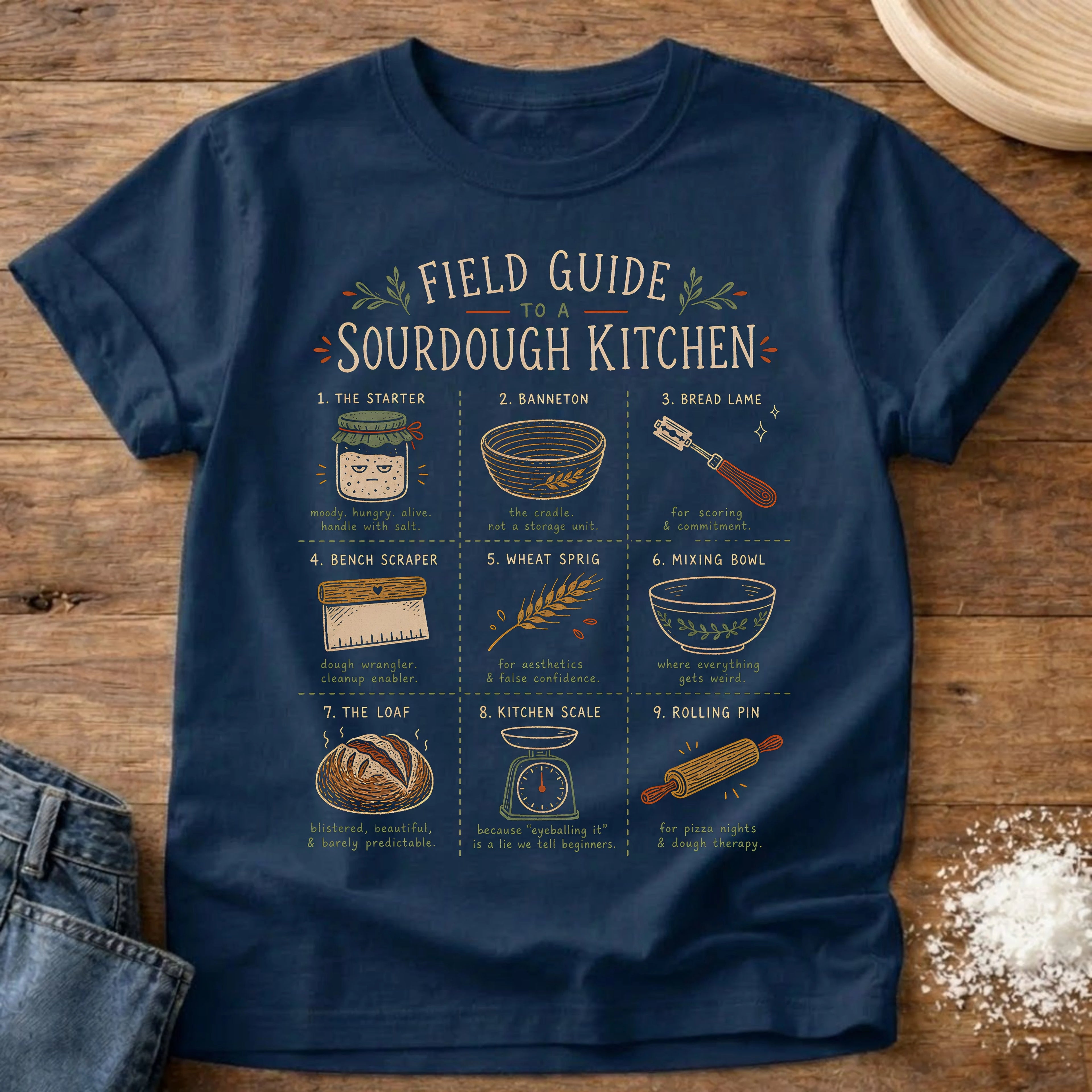 Knead More Fun Sourdough Kitchen Field Guide t-shirt in Navy