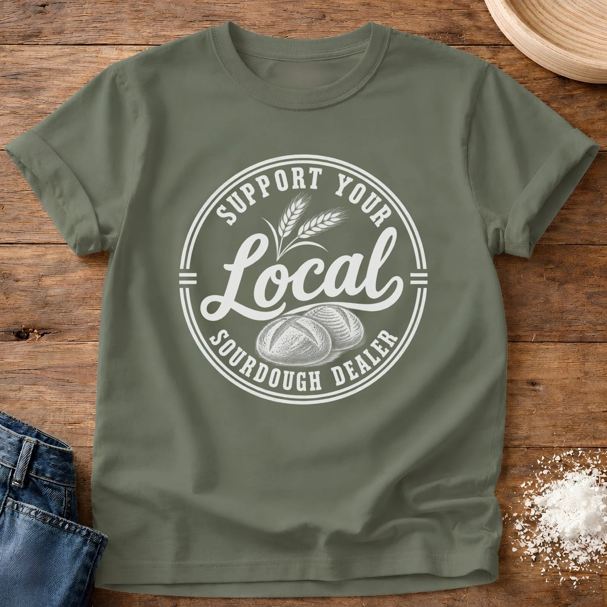Knead More Fun Sourdough Local graphic t-shirt in Moss