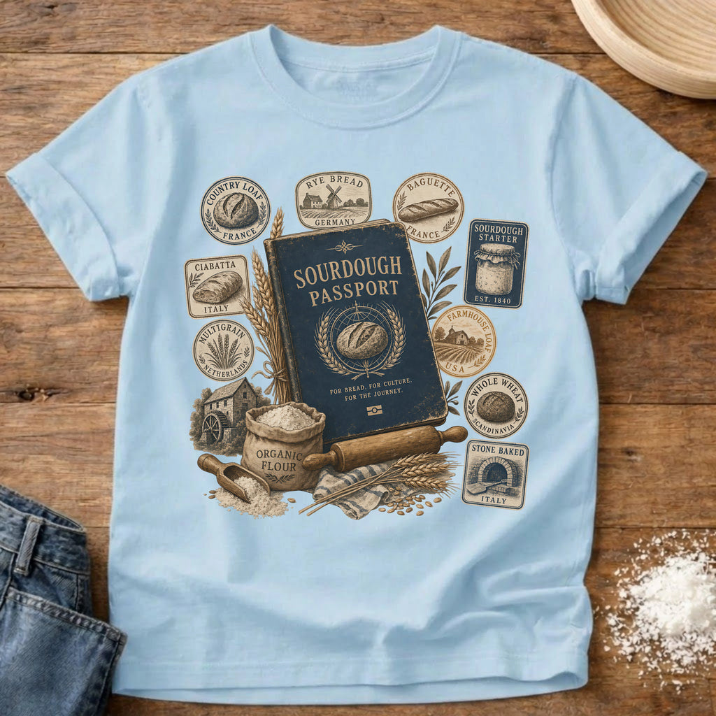Knead More Fun Sourdough Passport sourdough t-shirt in Chambray