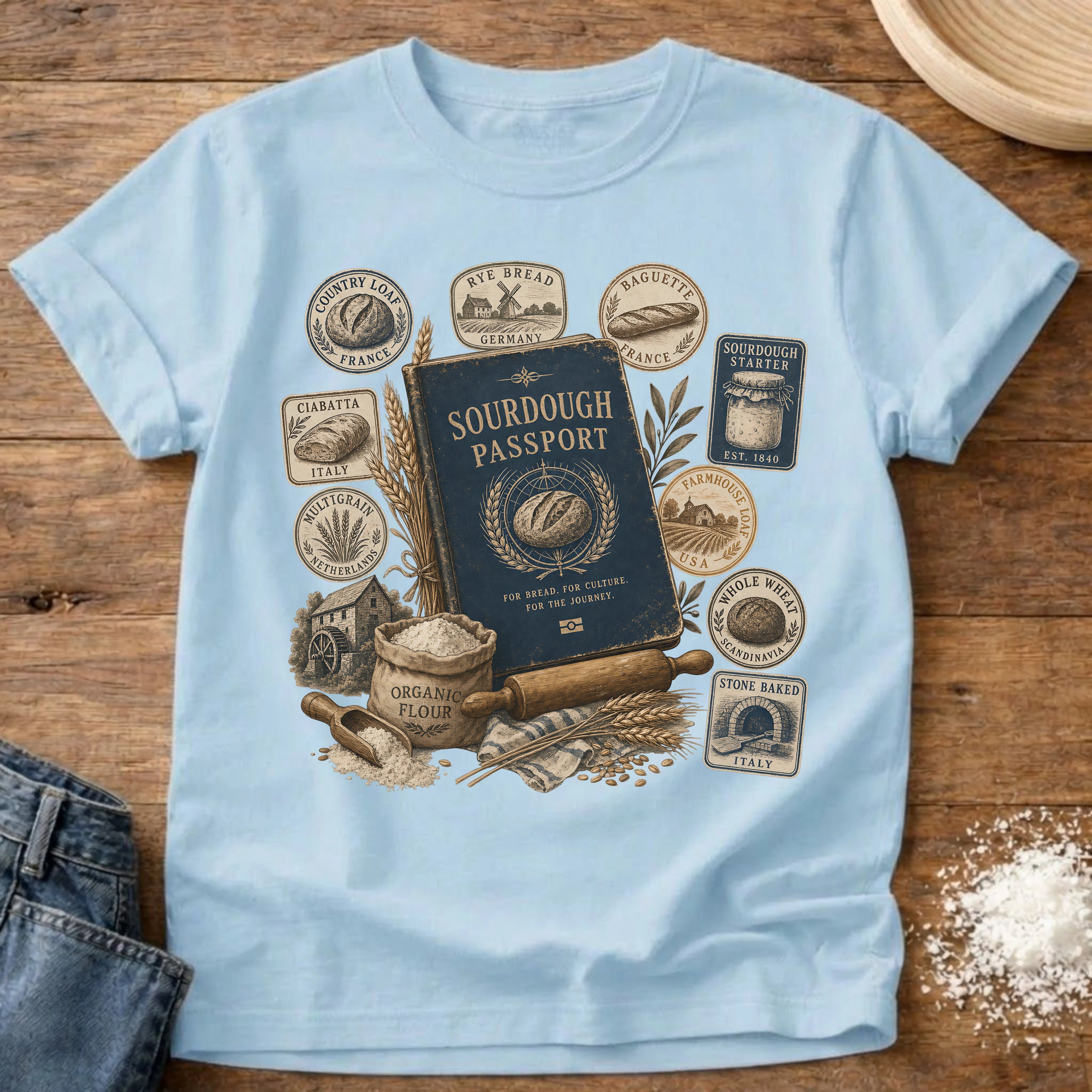 Knead More Fun Sourdough Passport sourdough t-shirt in Chambray