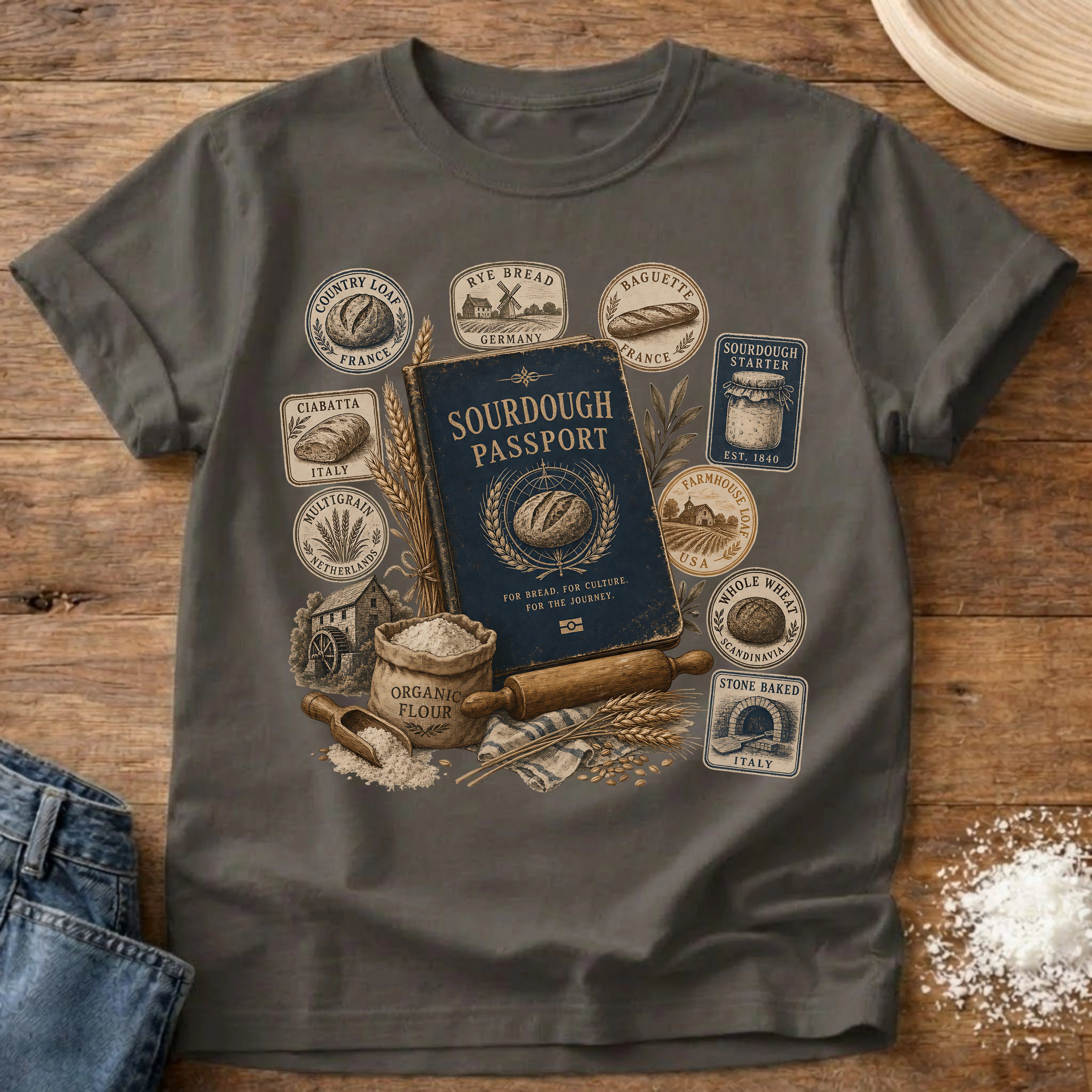 Knead More Fun Sourdough Passport sourdough t-shirt in Pepper