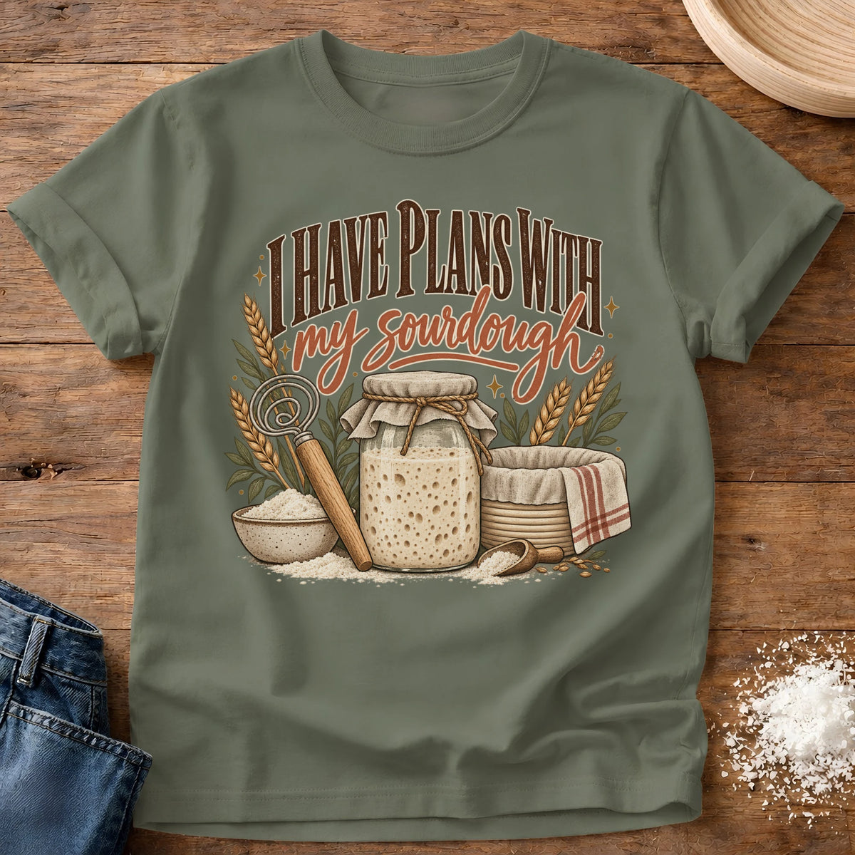 Knead More Fun Sourdough Plans graphic t-shirt in Moss