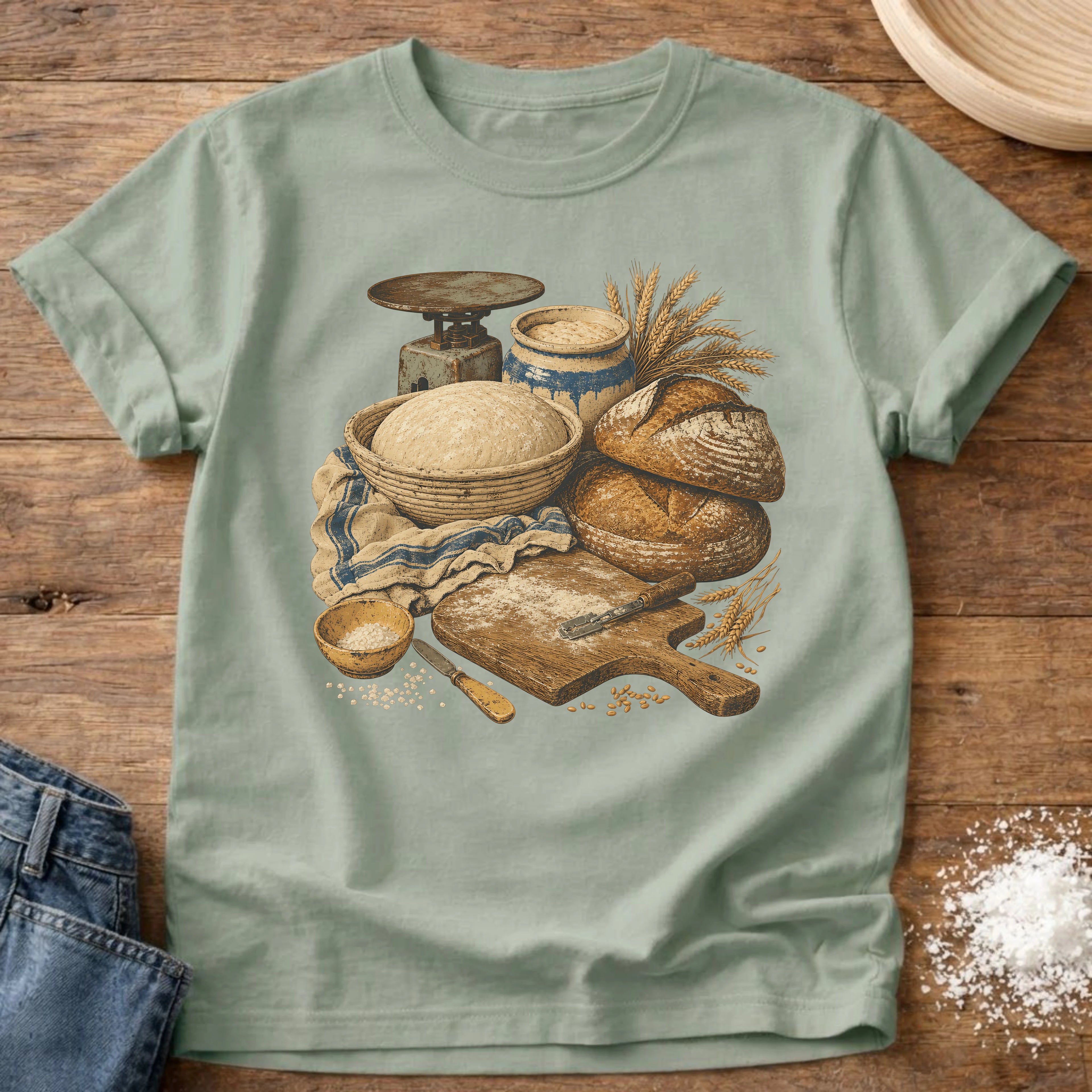 Knead More Fun Sourdough Process vintage still life t-shirt in Bay