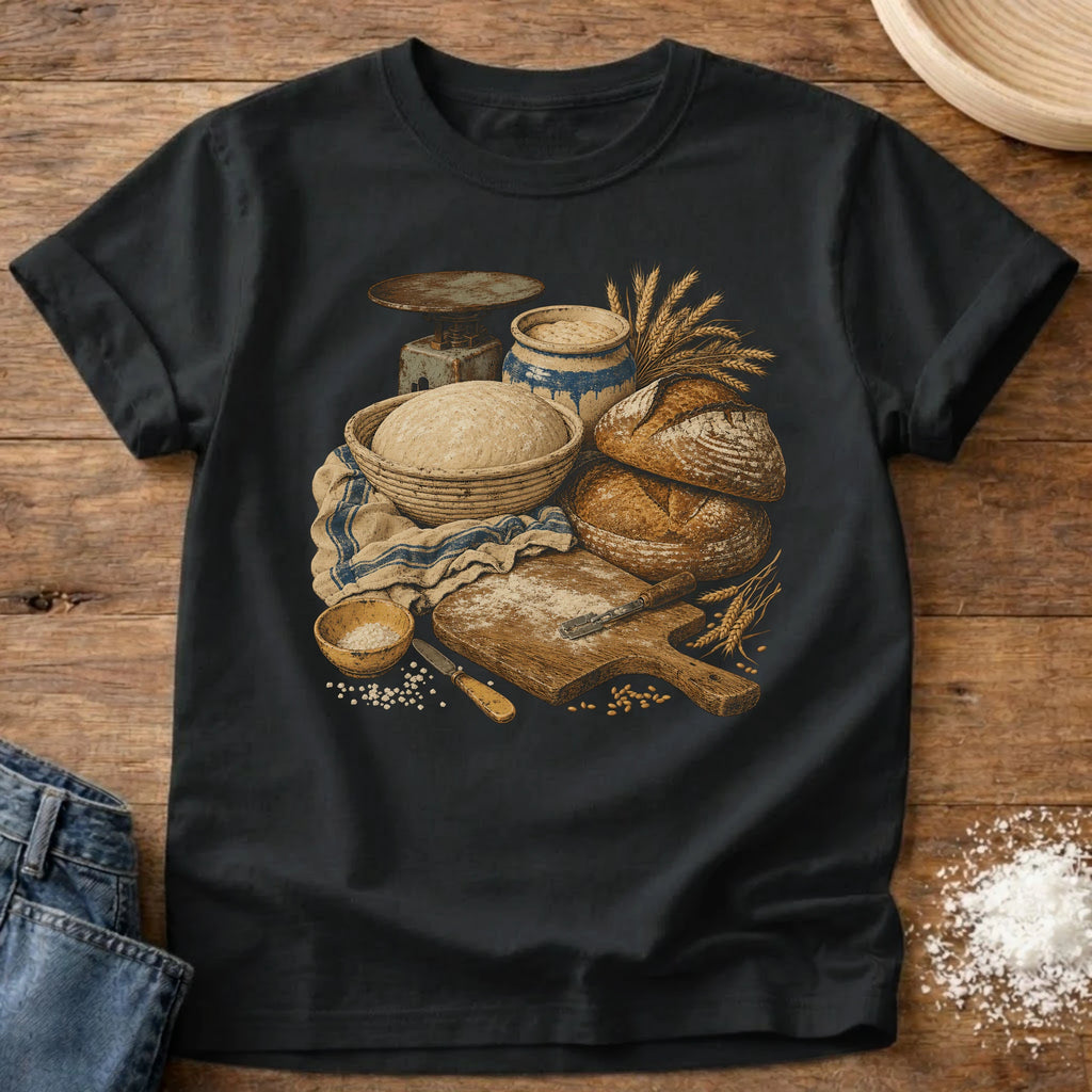Knead More Fun Sourdough Process vintage still life t-shirt in Black