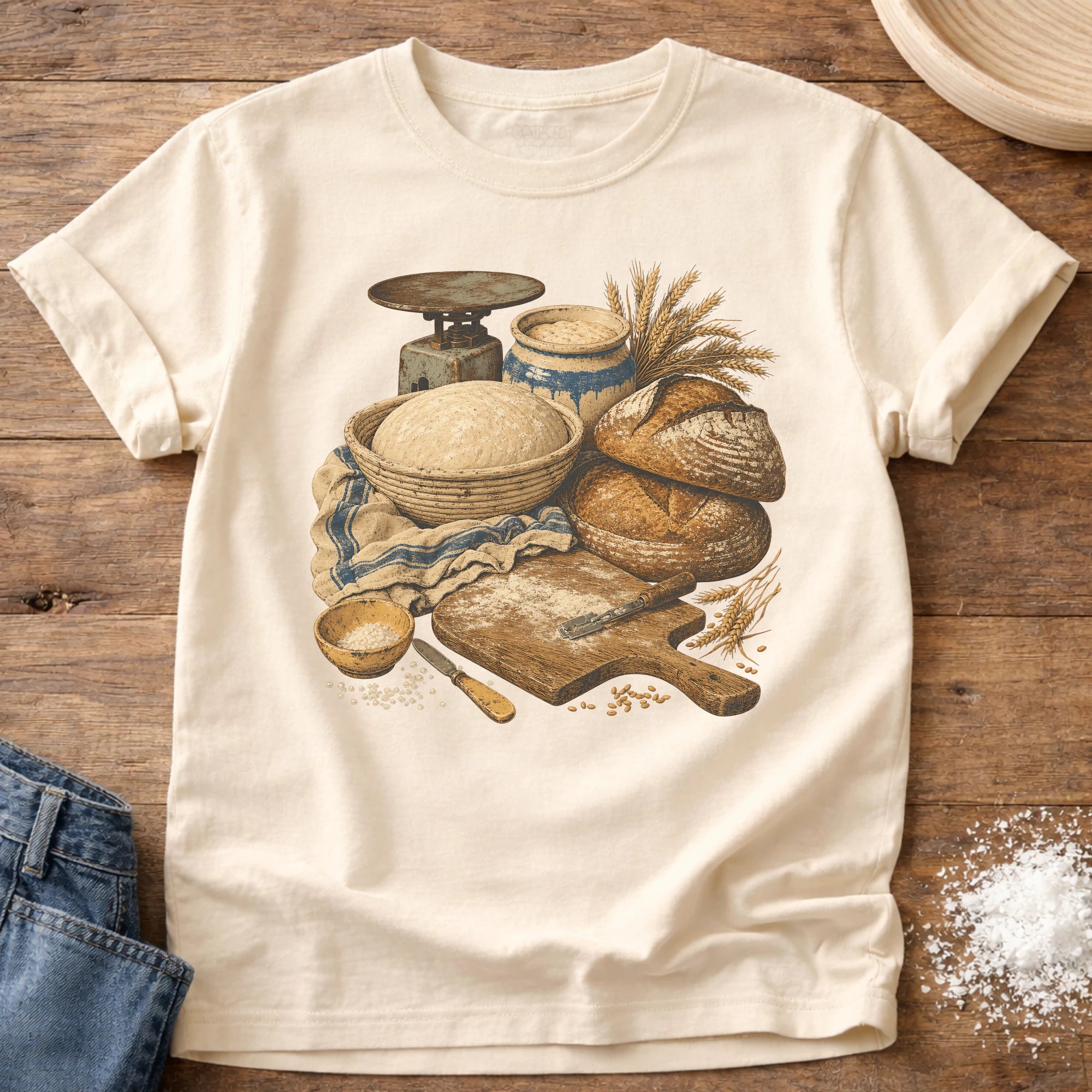 Knead More Fun Sourdough Process vintage still life t-shirt in Ivory