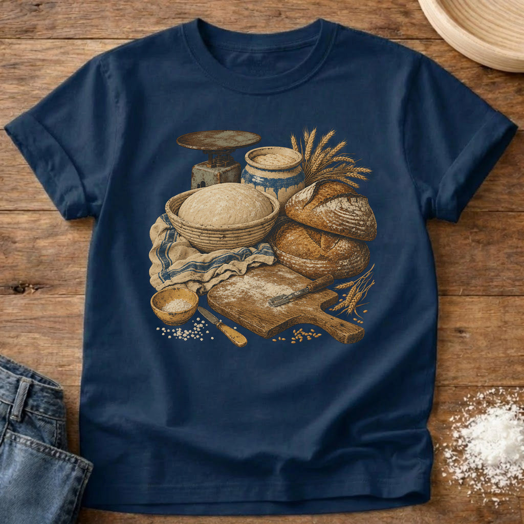 Knead More Fun Sourdough Process vintage still life t-shirt in Navy