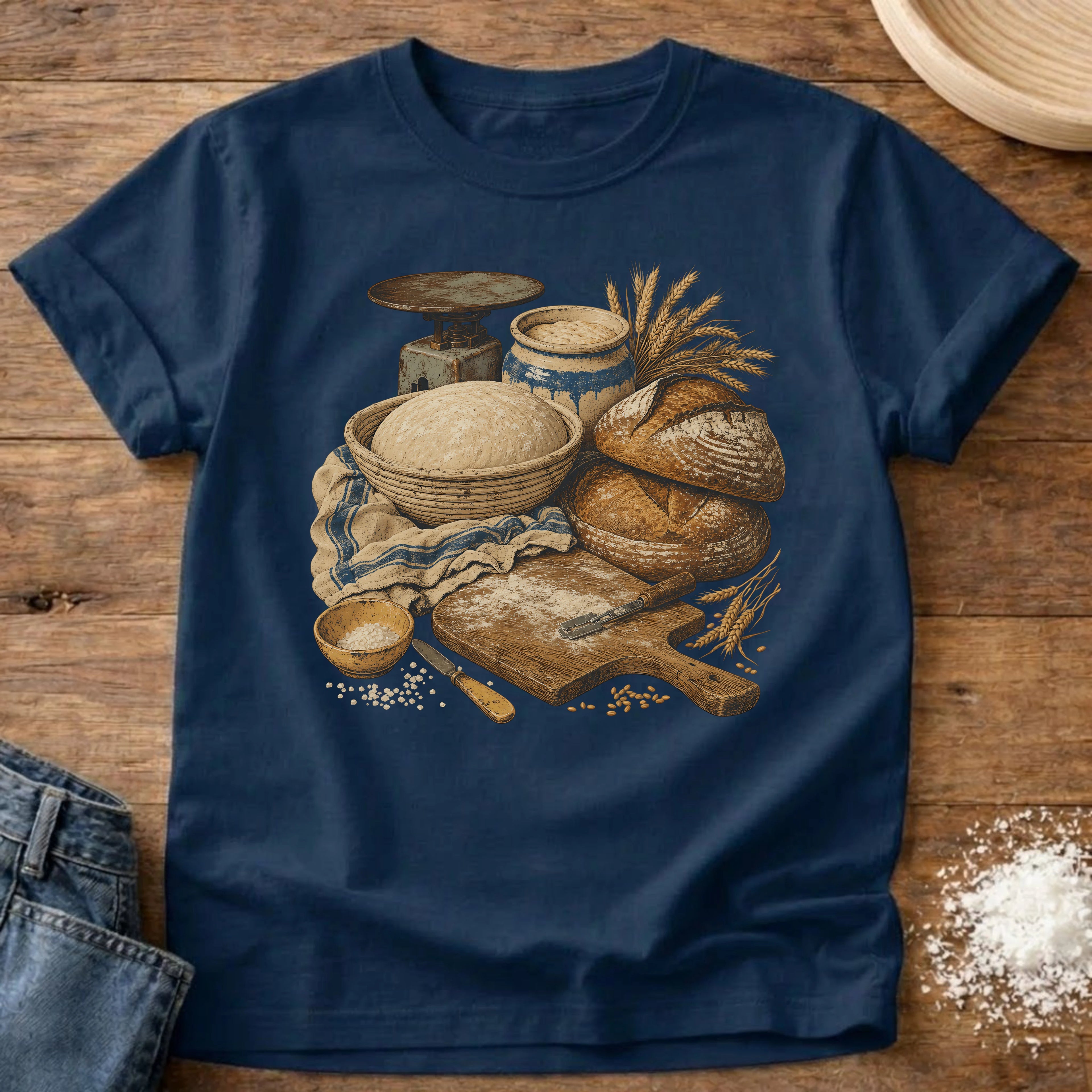 Knead More Fun Sourdough Process vintage still life t-shirt in Navy