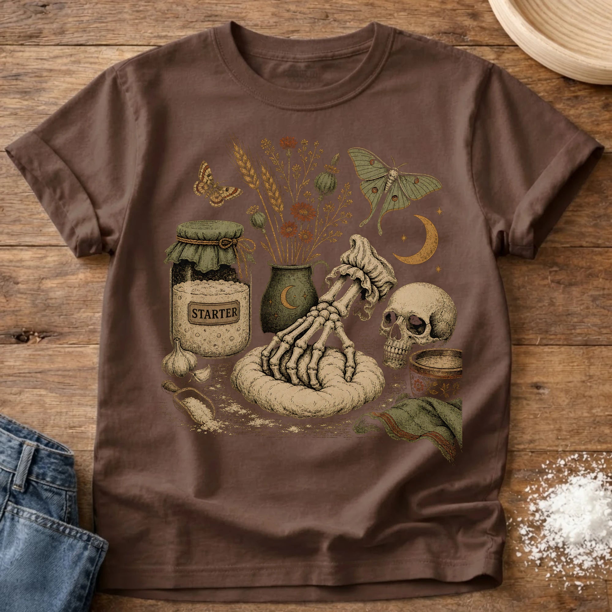 Knead More Fun Sourdough Skeleton Hand sourdough t-shirt in Espresso