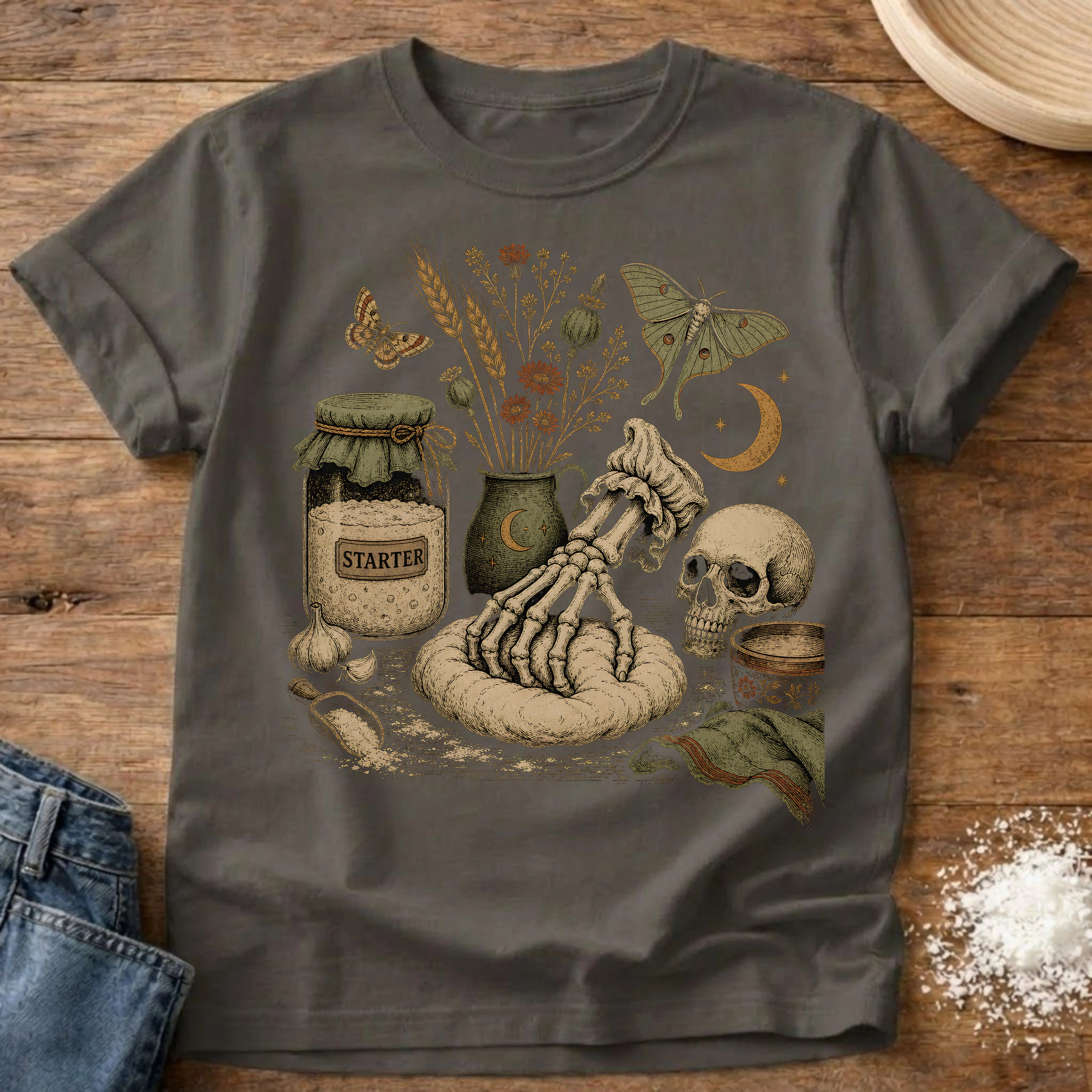 Knead More Fun Sourdough Skeleton Hand sourdough t-shirt in Pepper