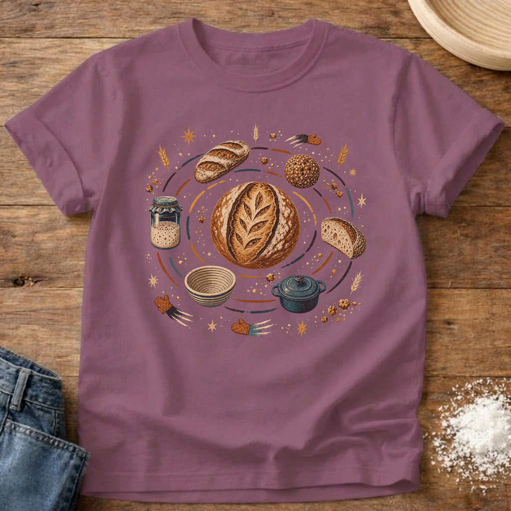 Knead More Fun Sourdough Solar System celestial t-shirt in Berry