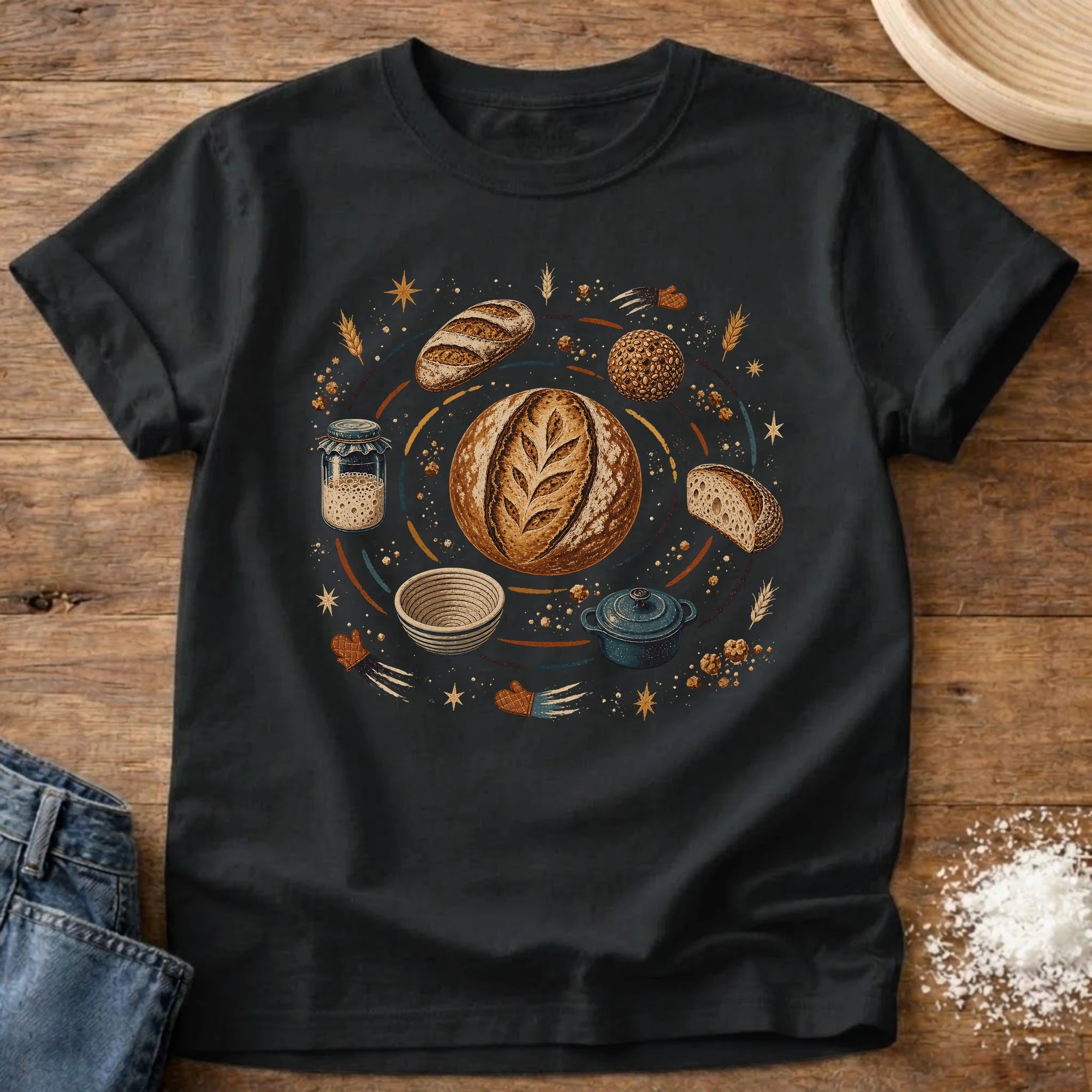 Knead More Fun Sourdough Solar System celestial t-shirt in Black