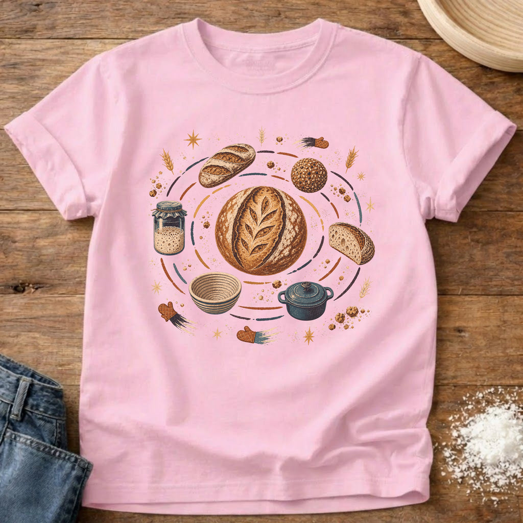 Knead More Fun Sourdough Solar System celestial t-shirt in Blossom