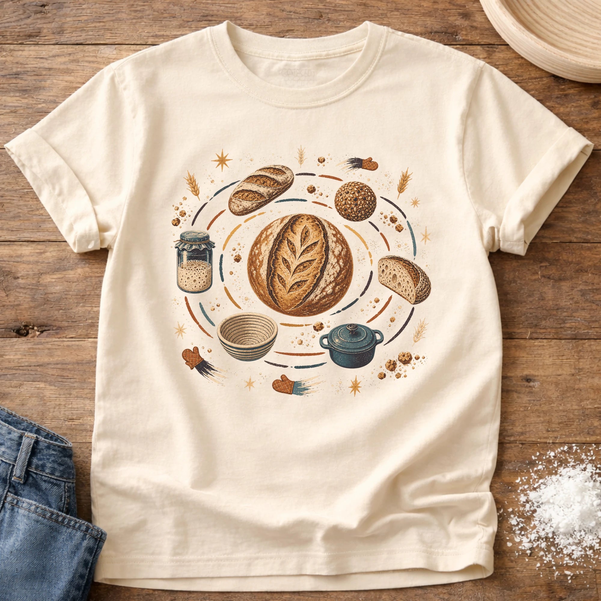 Knead More Fun Sourdough Solar System celestial t-shirt in Ivory