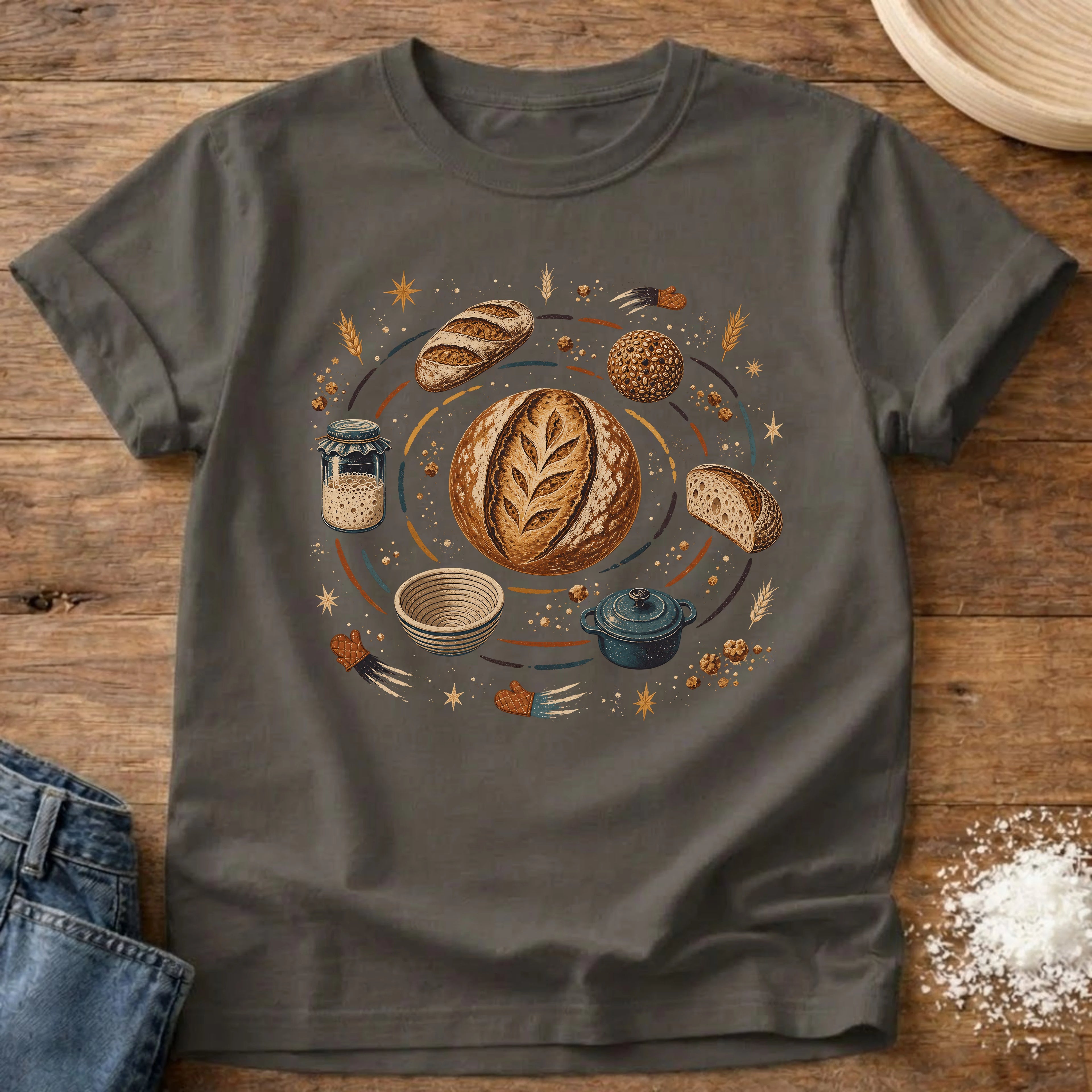 Knead More Fun Sourdough Solar System celestial t-shirt in Pepper