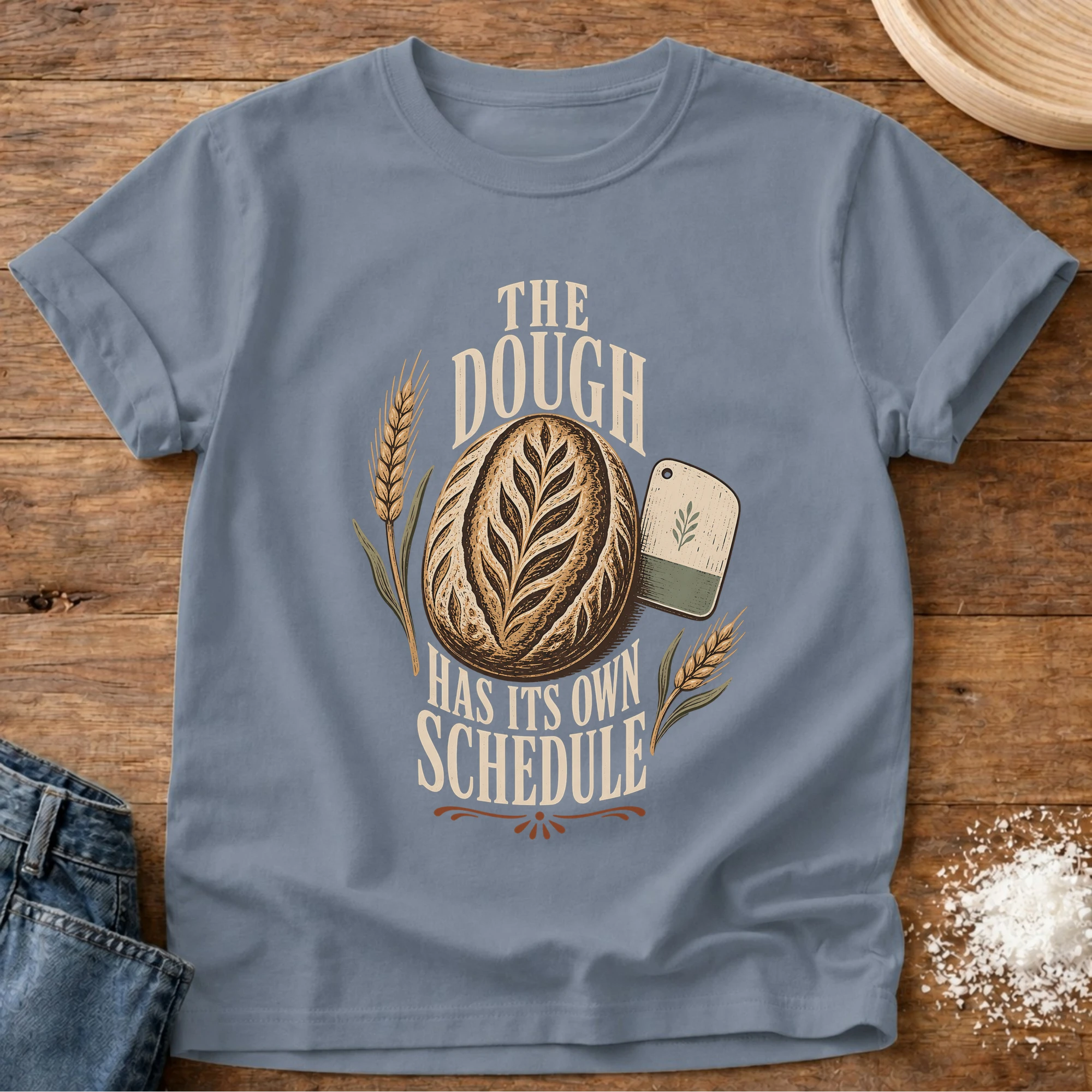 Knead More Fun sourdough timeline baker t-shirt in Blue Jean