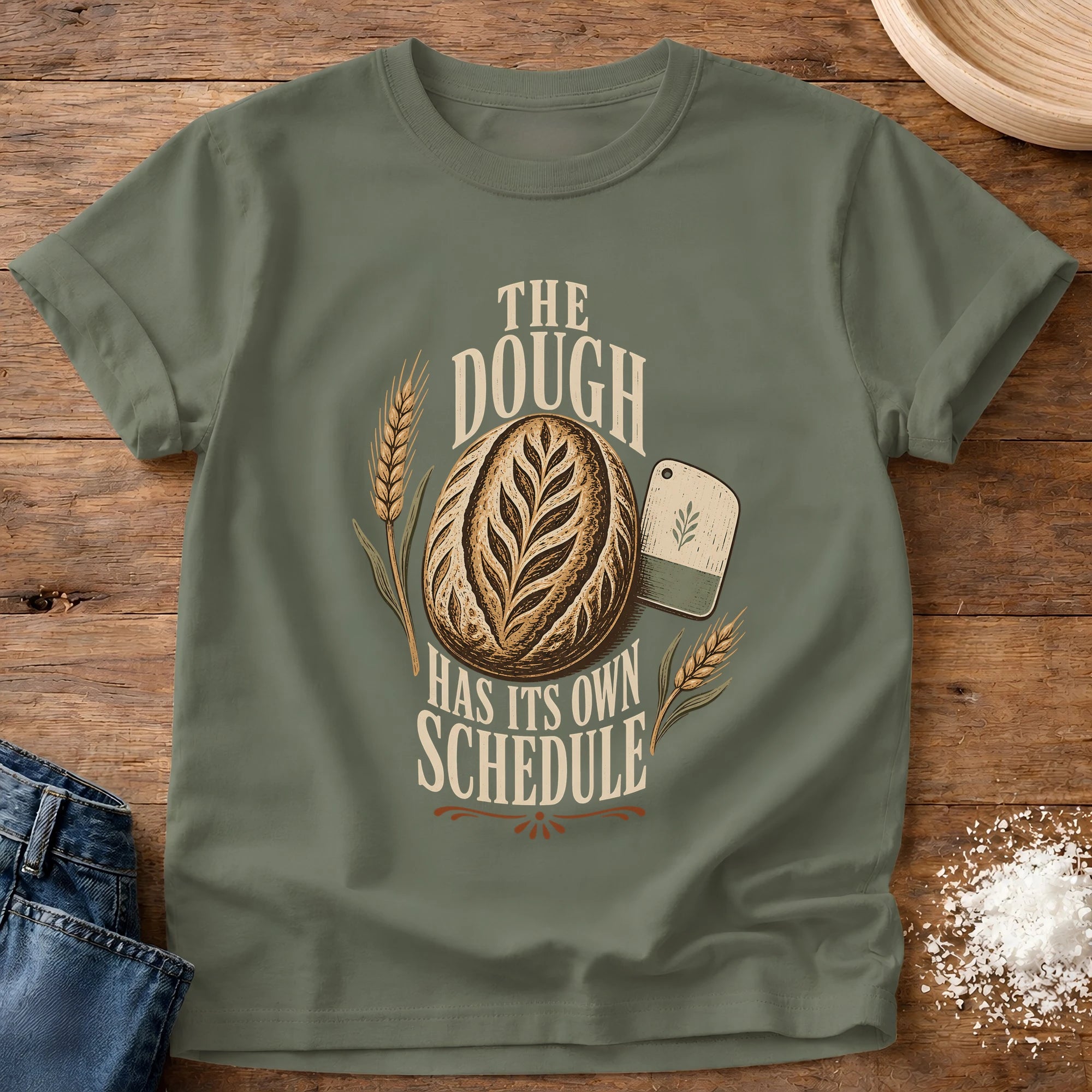 Knead More Fun sourdough timeline baker t-shirt in Moss