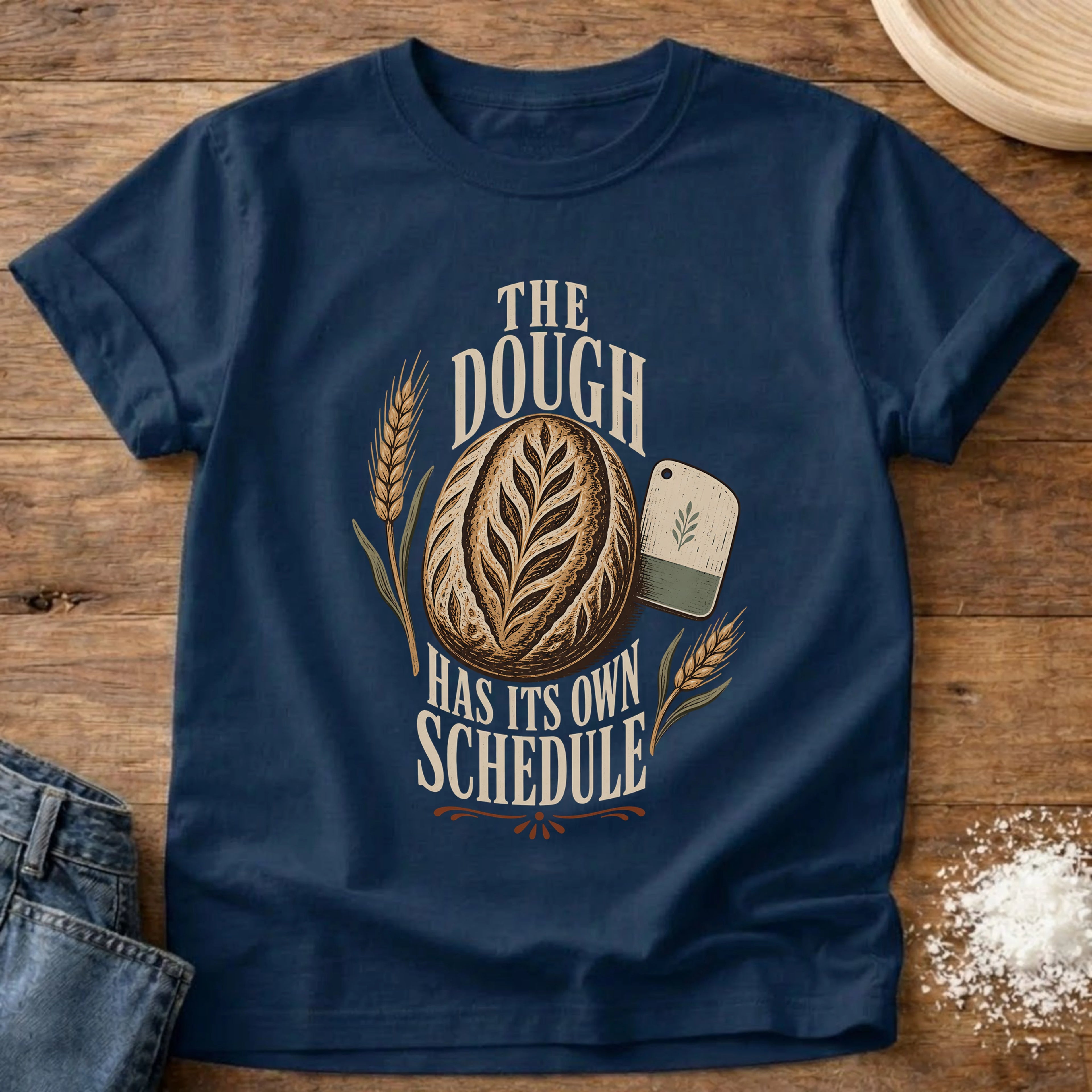 Knead More Fun sourdough timeline baker t-shirt in Navy