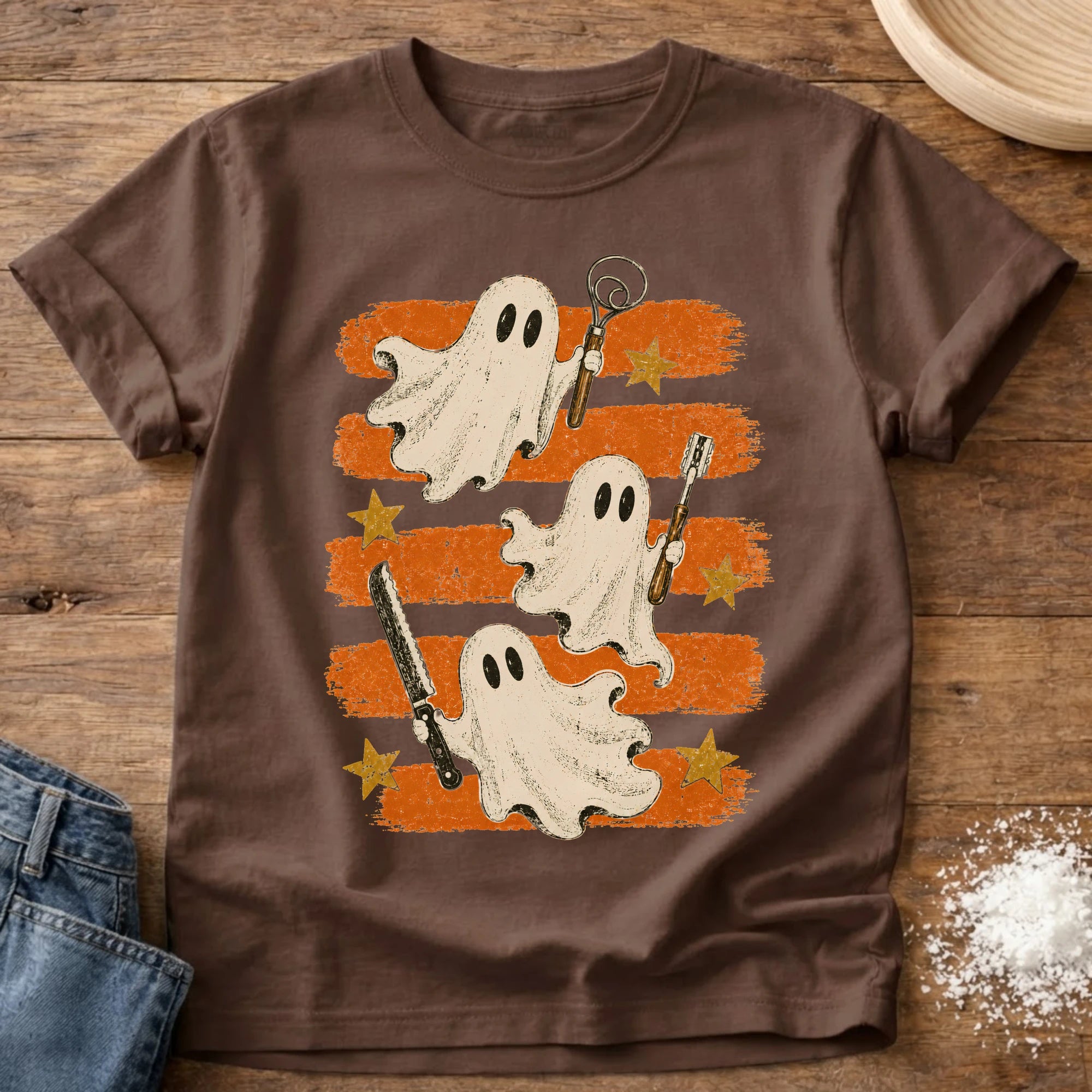 Knead More Fun Spooky Ghost Trio sourdough t-shirt in Espresso
