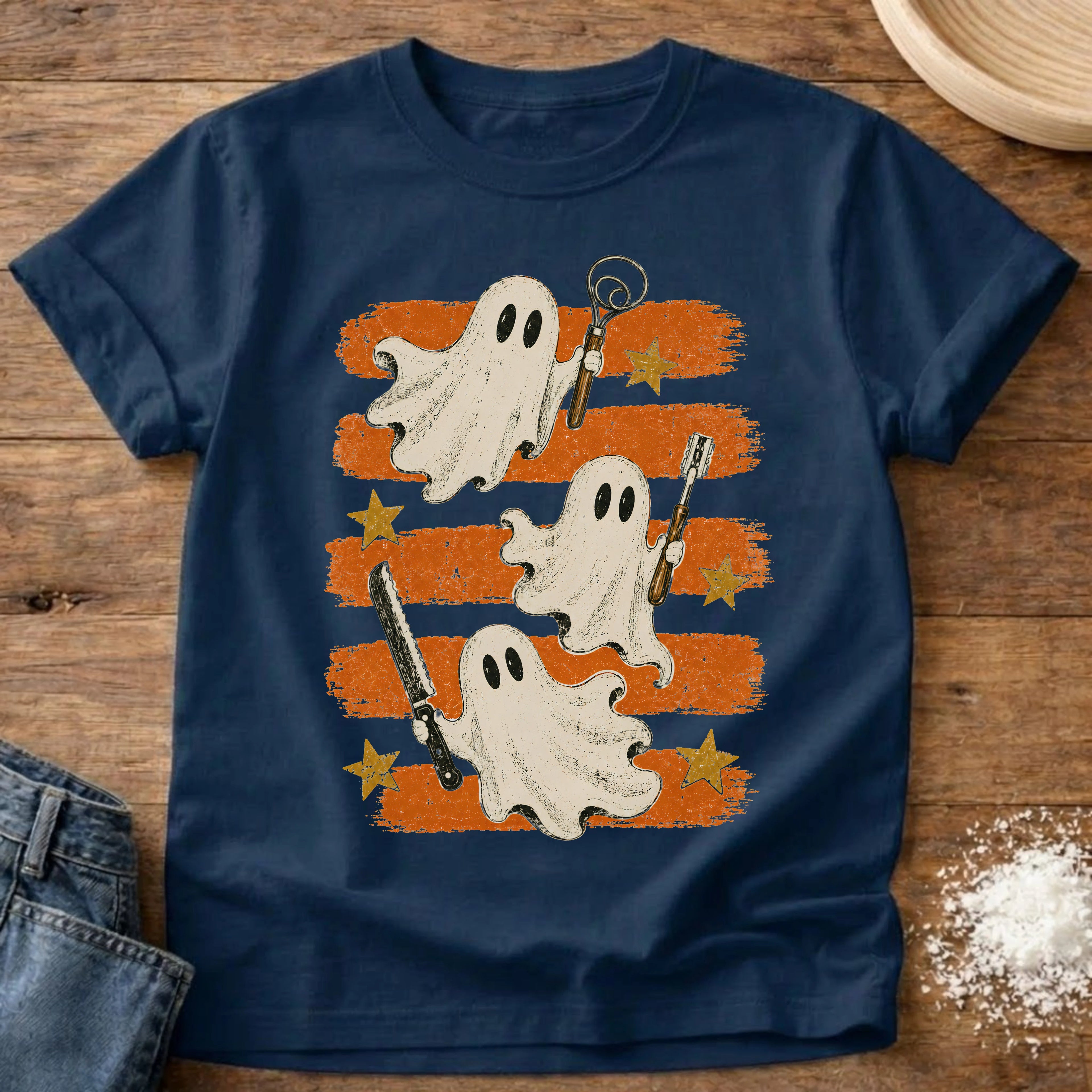 Knead More Fun Spooky Ghost Trio sourdough t-shirt in Navy