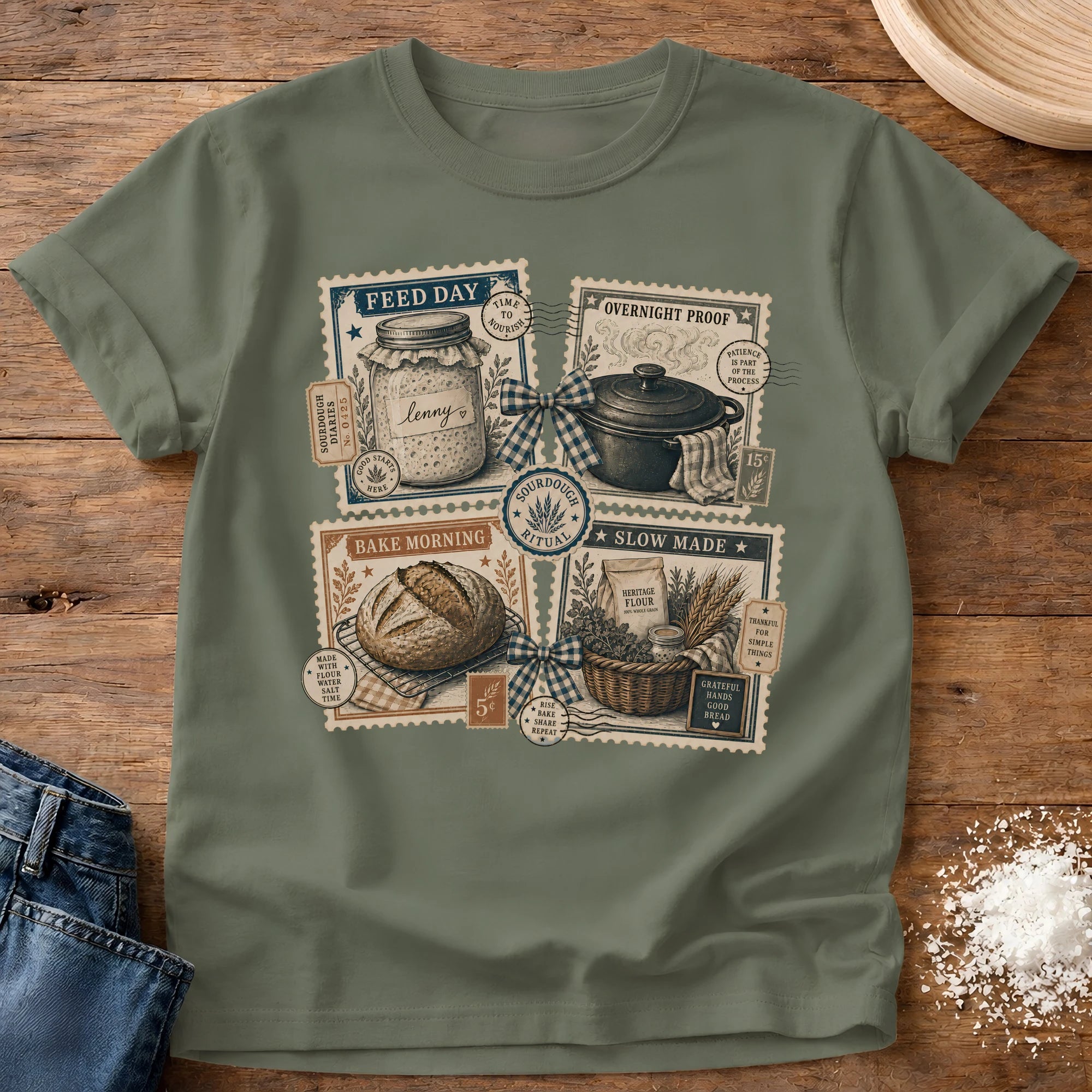 Knead More Fun Stamp Collection sourdough t-shirt in Moss