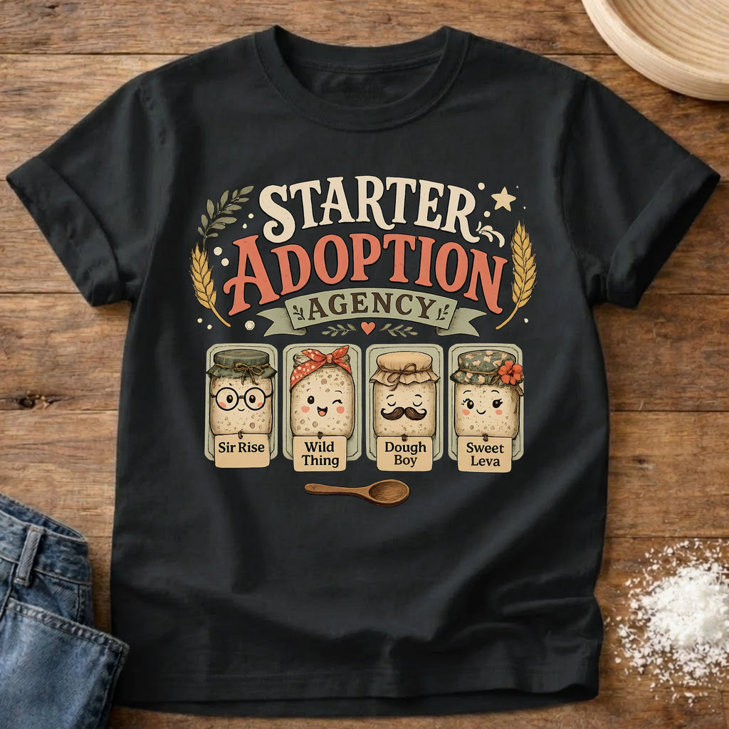 Knead More Fun Starter Adoption Agency sourdough t-shirt in Black