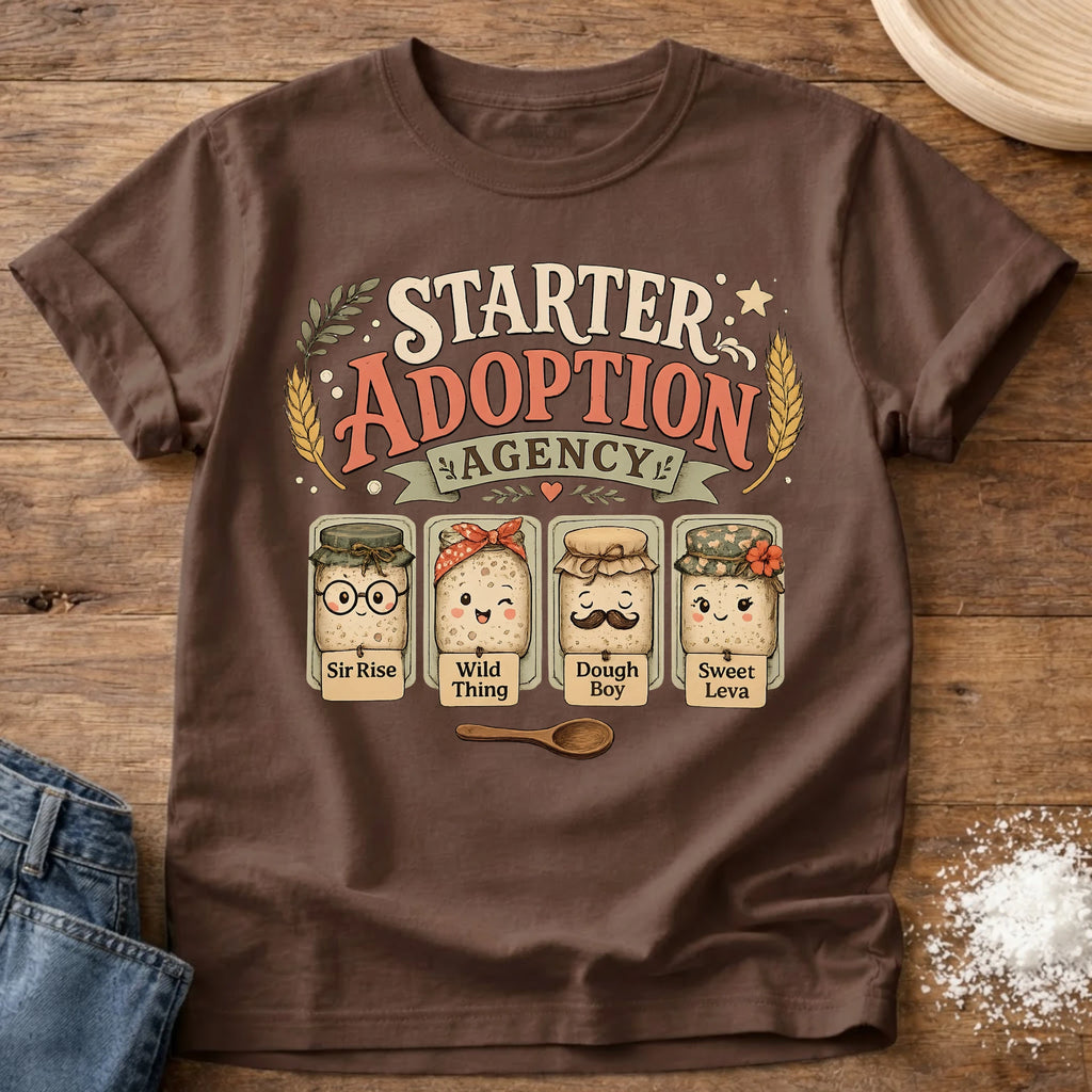 Knead More Fun Starter Adoption Agency sourdough t-shirt in Espresso