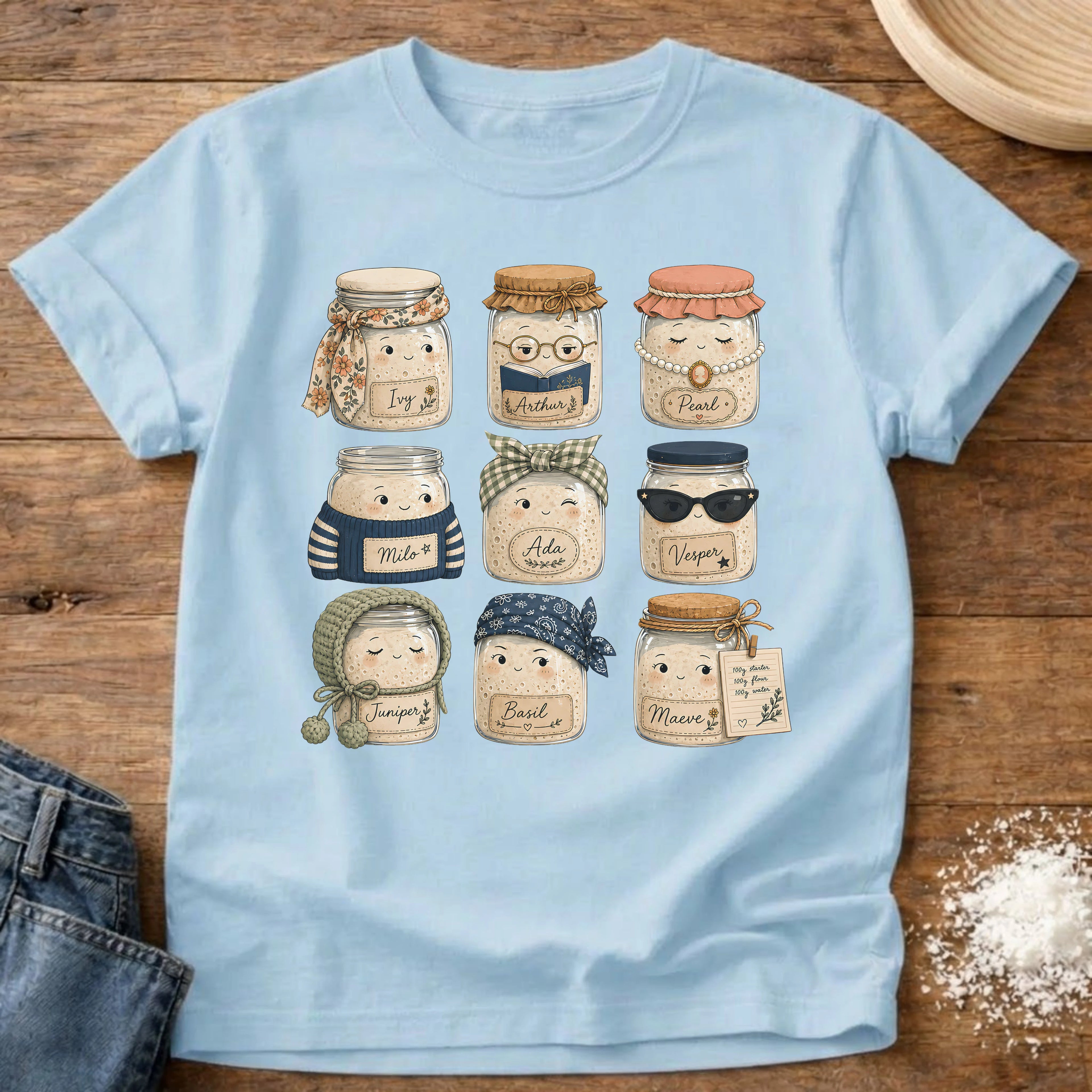 Knead More Fun Starter Friends sourdough t-shirt in Chambray