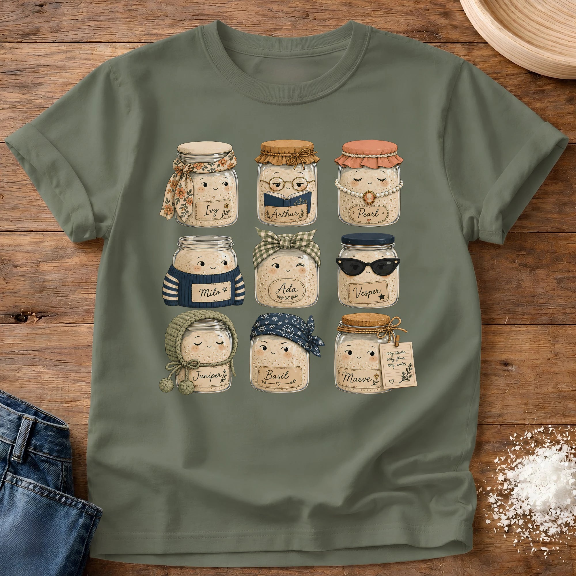 Knead More Fun Starter Friends sourdough t-shirt in Moss
