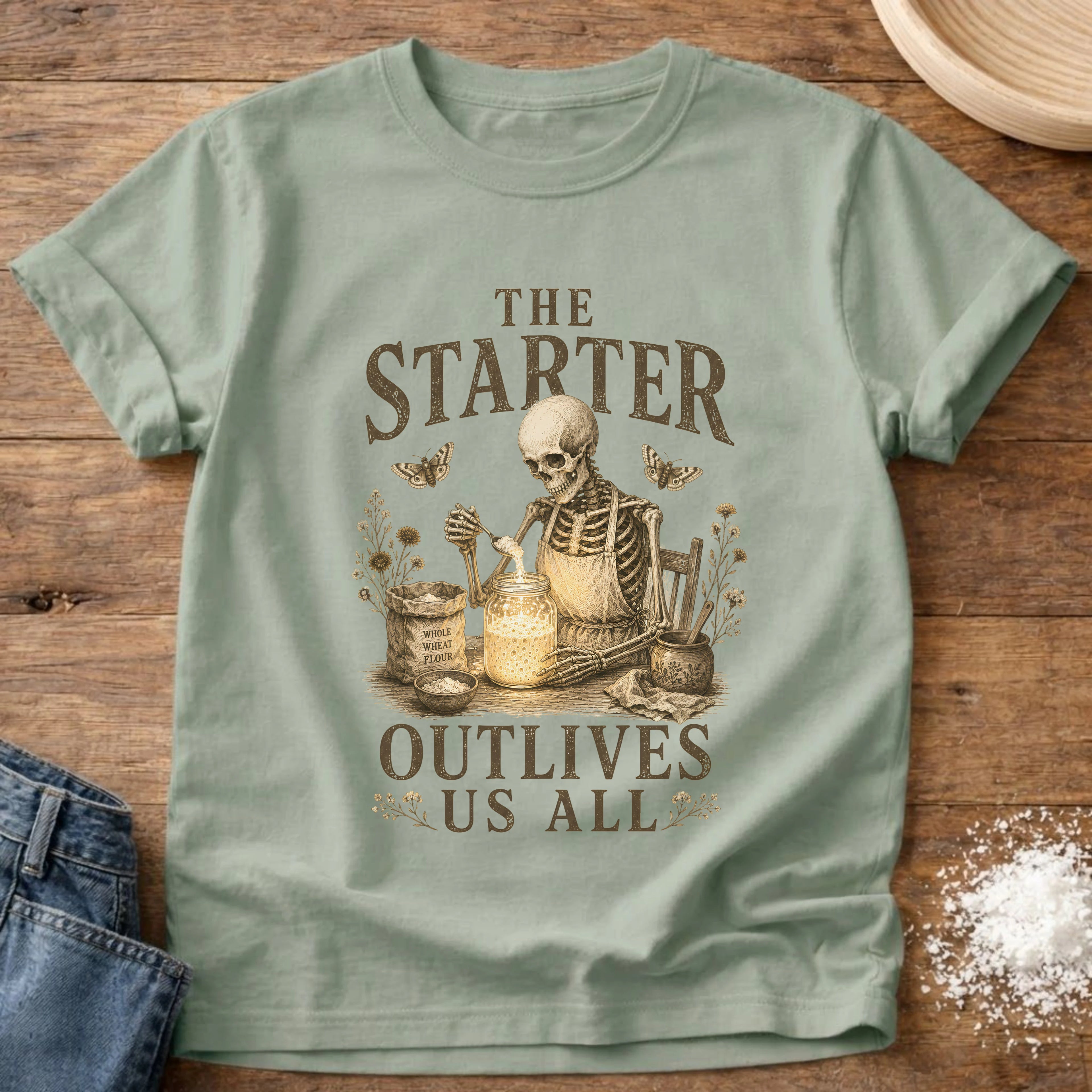 Knead More Fun Starter Outlives Us Skeleton sourdough t-shirt in Bay
