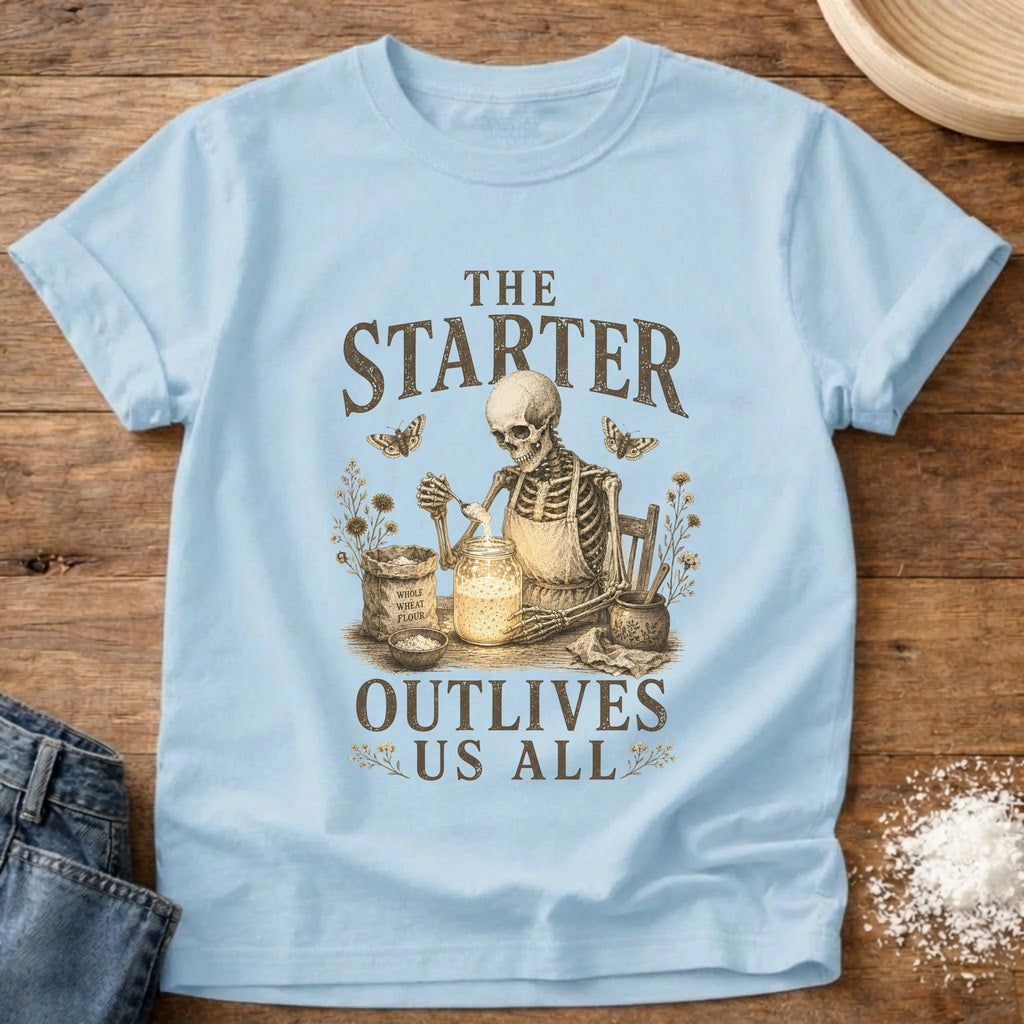Knead More Fun Starter Outlives Us Skeleton sourdough t-shirt in Chambray
